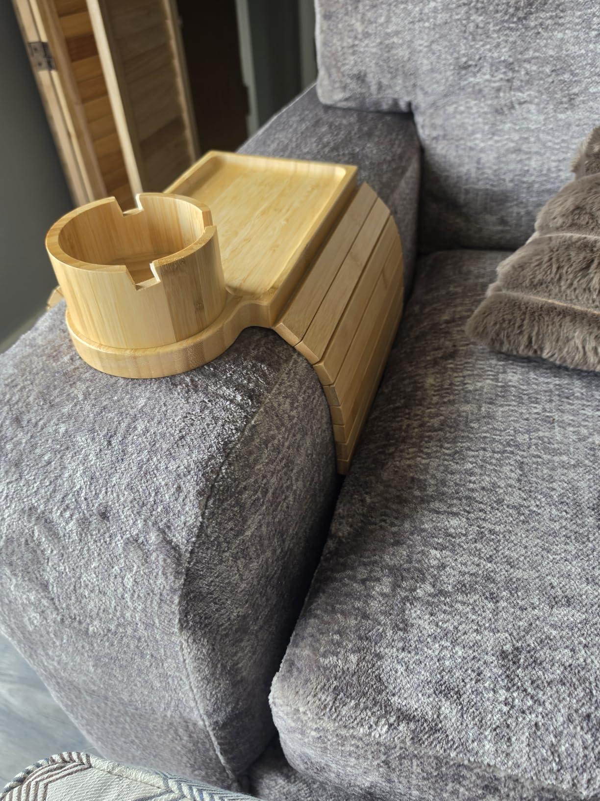 Couch Cup Holder Tray - 3 in 1 Couch Arm Table with 360° Rotating Phone Holder, Foldable Sofa Arm Tray for Drink Table, Snacks Table,Hold Cellphone Remote or Books customer photo 1
