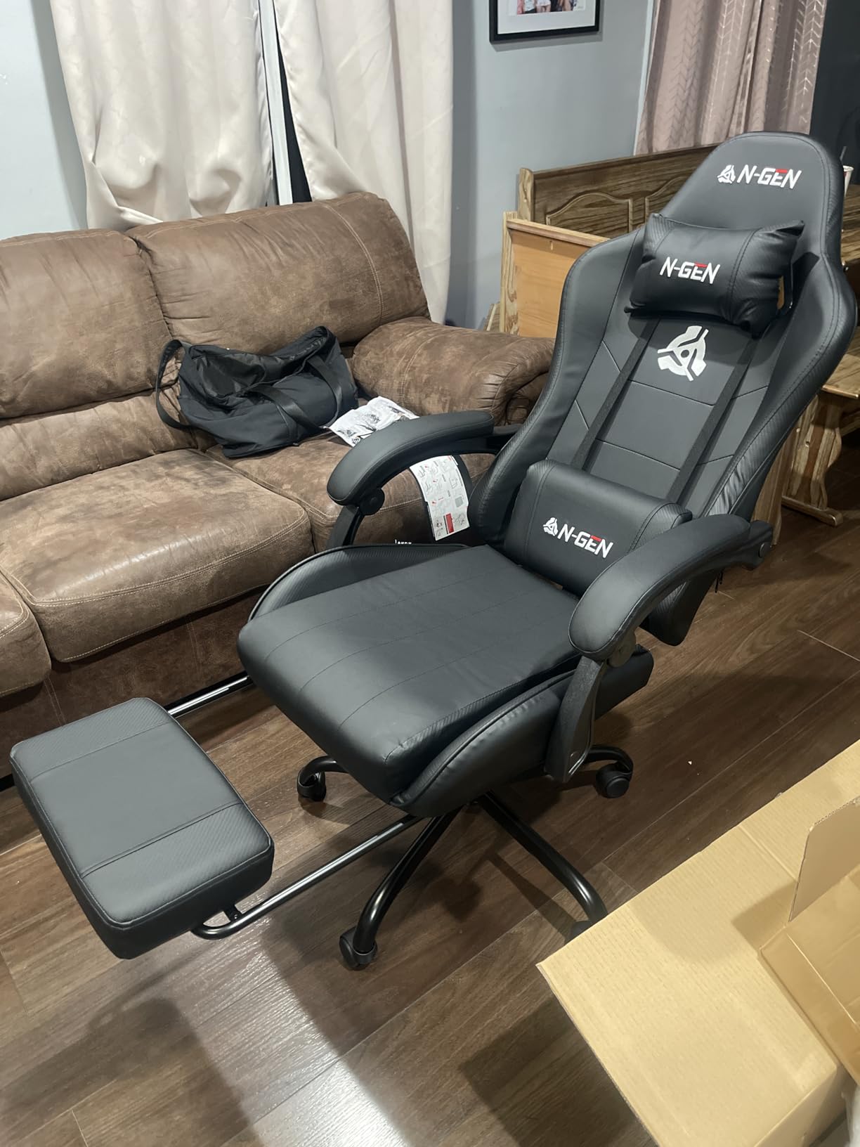 N-GEN GAMING Video Gaming Chair with Footrest Lumbar Support for Home Office High Back Recliner Height Adjustable Ergonomic Comfy Leather Computer Desk Chair (Black) customer photo 2
