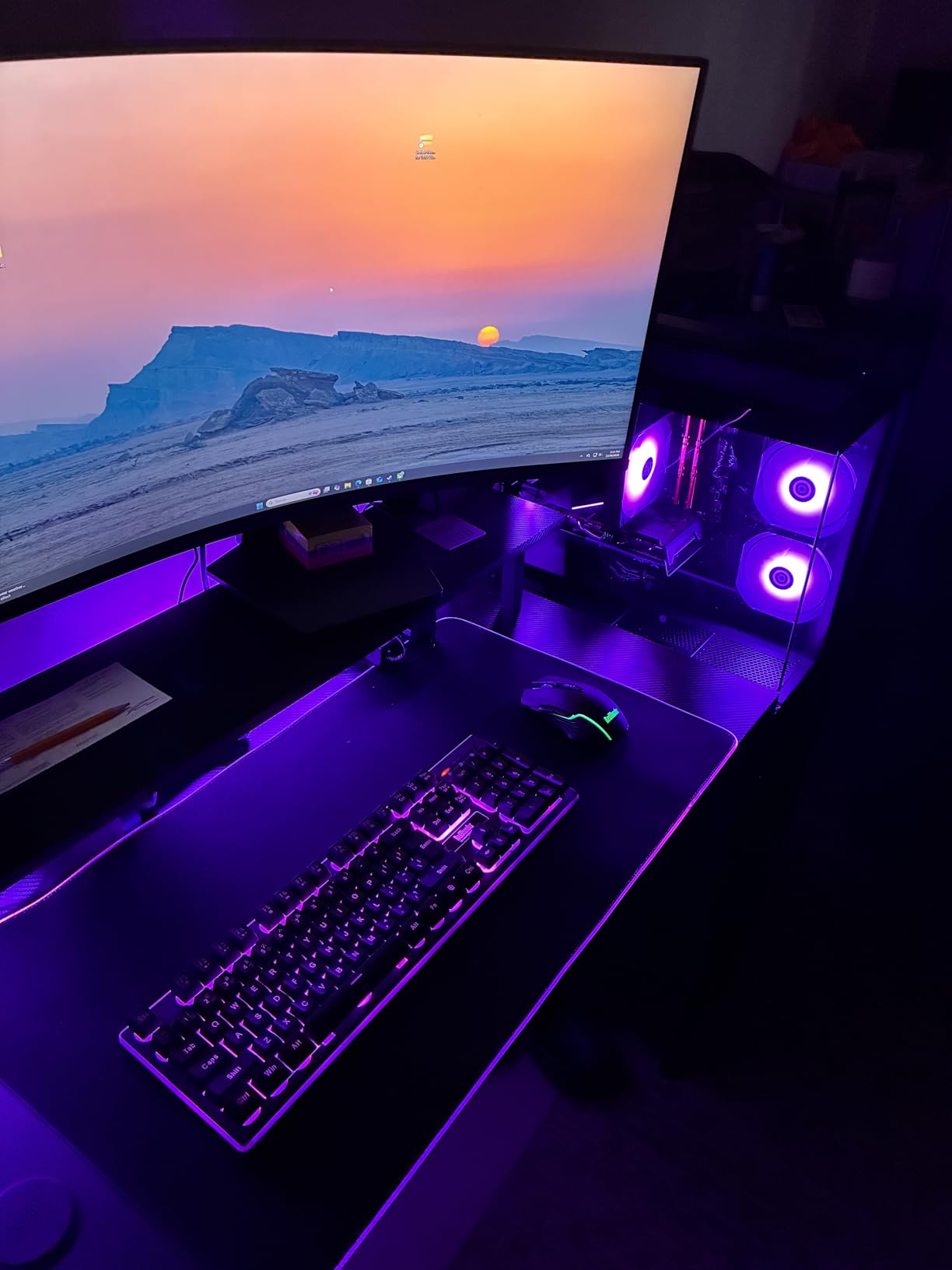 AODK 59 Inch Gaming Desk with USB Charging Ports & LED Light, Reversible Computer Desk with Storage Shelves & Monitor Stand, Modern Gamer Desk Table with Fabric Drawers & Side Hook, Carbon Fiber Black customer photo 1
