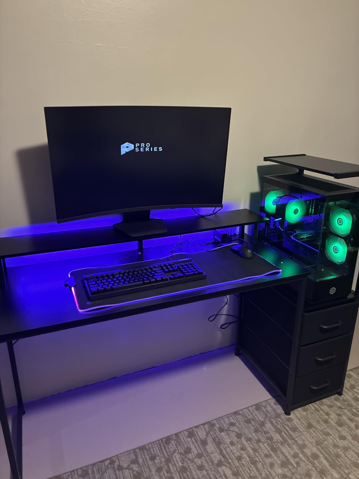 AODK 59 Inch Gaming Desk with USB Charging Ports & LED Light, Reversible Computer Desk with Storage Shelves & Monitor Stand, Modern Gamer Desk Table with Fabric Drawers & Side Hook, Carbon Fiber Black customer photo 2