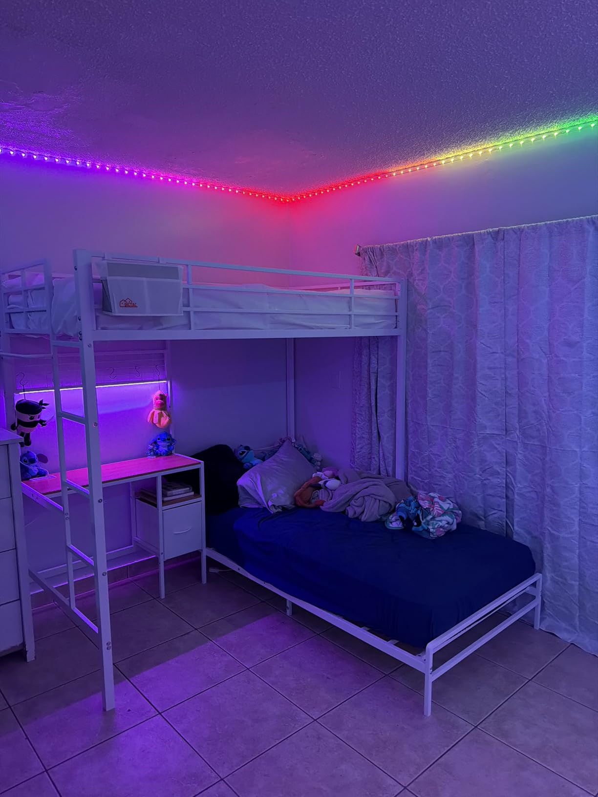 DICTAC Full Over Twin Bunk Bed with Desk and Charging Station Metal Full Over Twin Size Bunk Bed with Led Lights,Storage Shelves and Drawers,Bunk Beds for Teen/Adult with Safety Guard & Stairs,Black customer photo 2