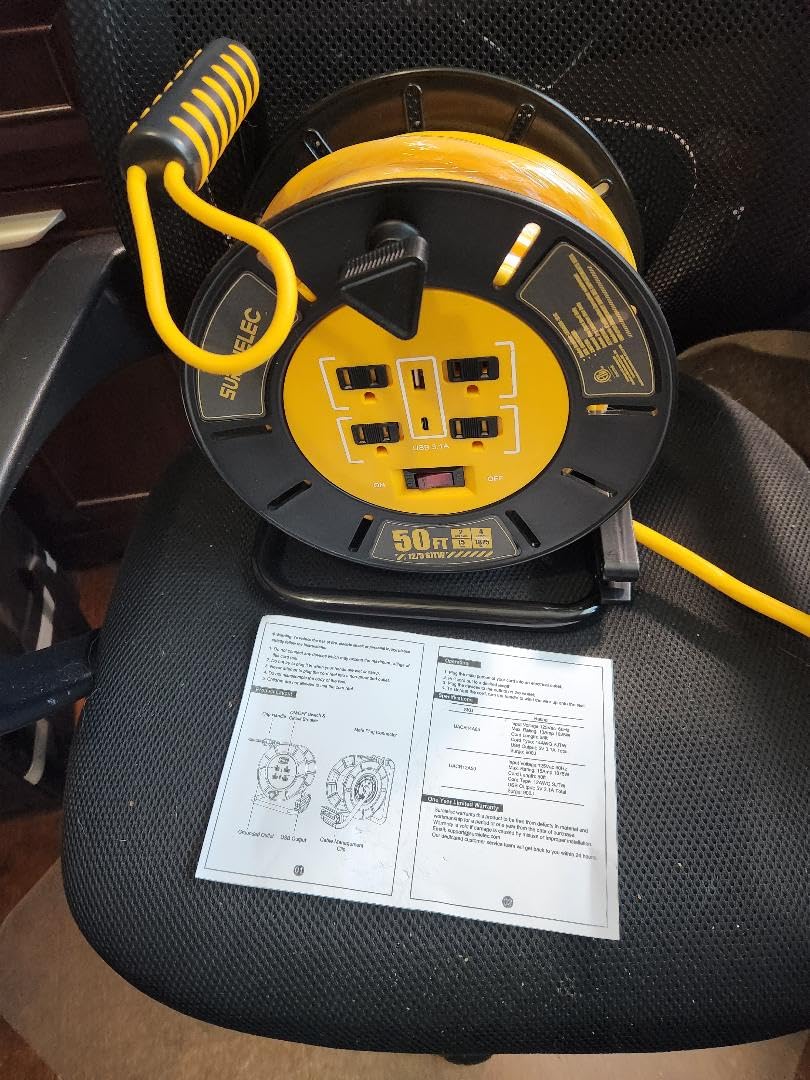 SURAIELEC 65 FT Extension Cord Reel with 4 Grounded Outlets, USB-A & USB-C Ports, 14AWG Heavy Duty Power Cord, 13A 1625W, Portable Hand Crank for Indoor Outdoor Use, ETL Listed customer photo 1