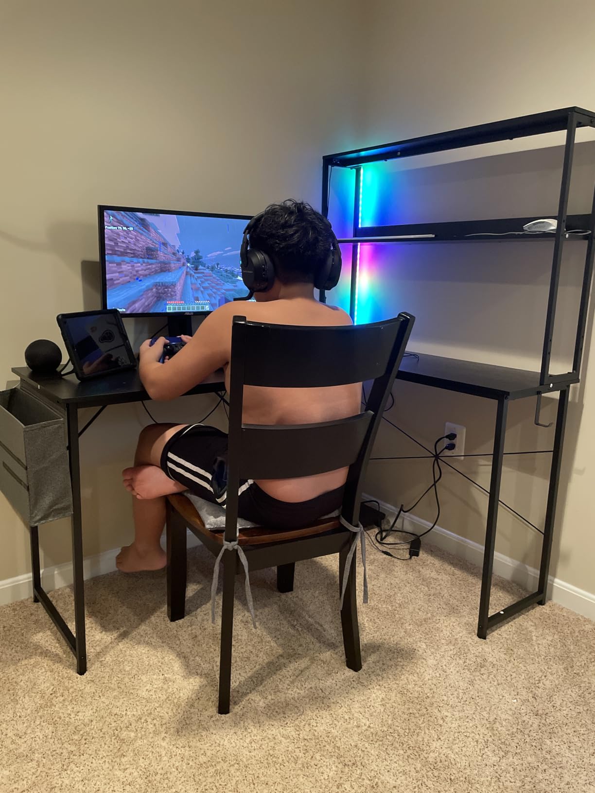 ODK 53 Inch L Shaped Gaming Desk with LED Lighting, Reversible Desk with Power Outlets, Corner Computer Table with Storage Shelves & Bag & Iron Hook, Black customer photo 1