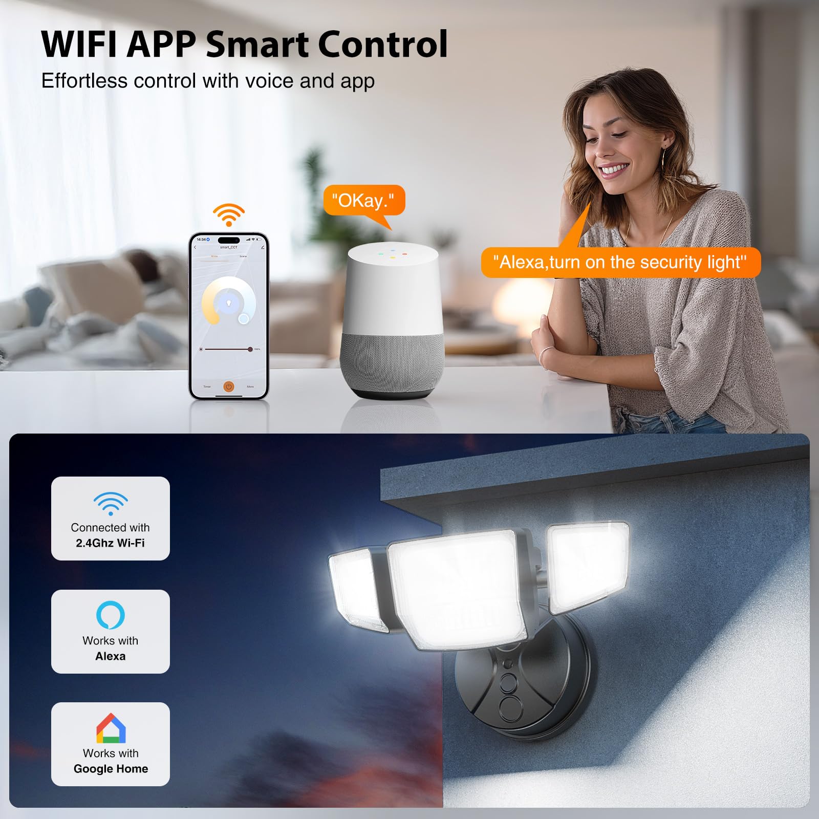 Onforu 65W Smart LED Flood Lights Outdoor, 6500LM Brightness Adjustable, APP Control Tunable 2700K-6500K, WiFi Alexa Security Lights with Timer & 4 Lighting Head, Exterior Floodlight for Yard Garage customer photo 2
