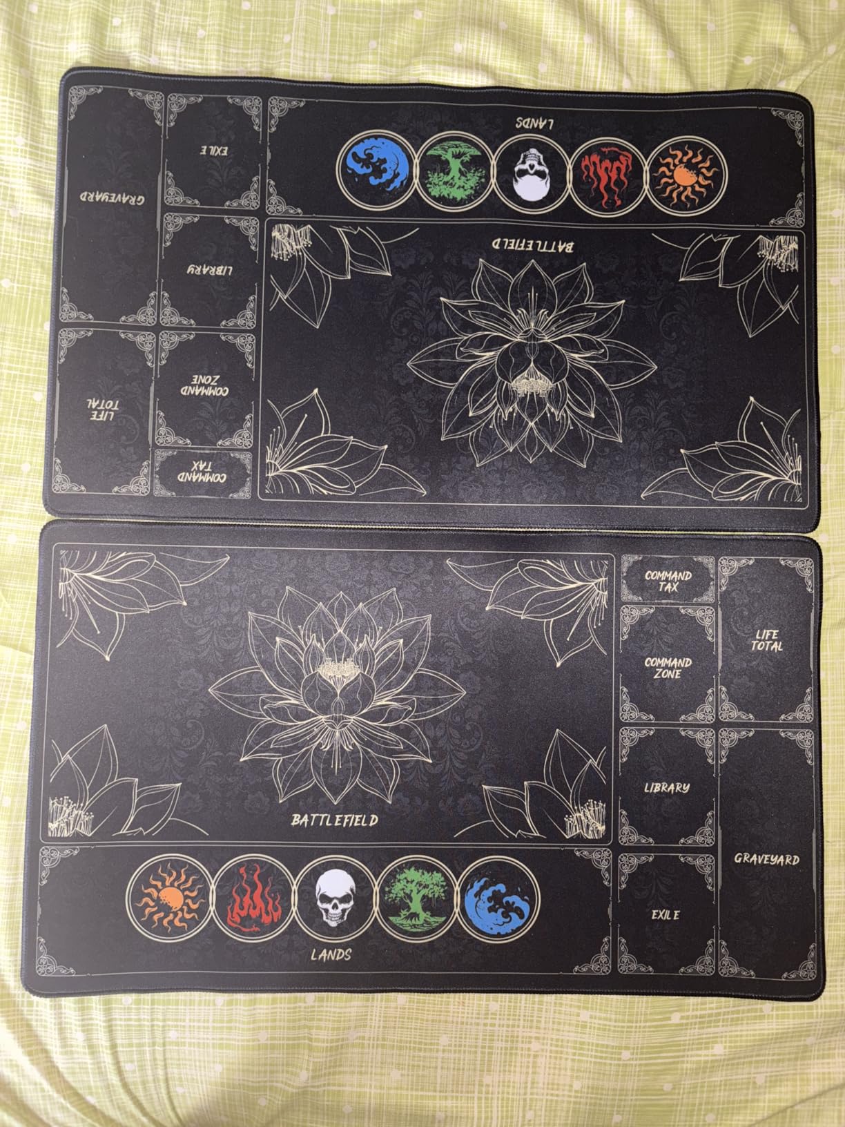 MTG Playmat with Play Zones - Magic Play mat Card Game Mat for Magic The Gathering, Lotus & Basic Lands Design, 24x14 inch, Stitched Edge, Non-Slip Base with Prismatic Playmat Tube-Gold Lotus customer photo 1