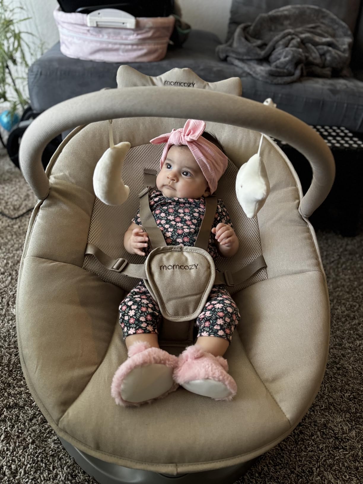 Momcozy 2-in-1 Electric Baby Swing, Dual-Arm Support System & Parent-Inspired Motions, Convertible to Toddler Seat up to 66 lbs, Adjustable Height, Lightweight, Khaki customer photo 2