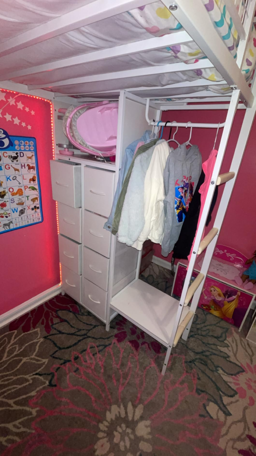 ADORNEVE Loft Bed Twin Size with Desk, 11 Storage Drawers, Metal Kids Loft with RGB Lights, Charging Station, Shelves & Clothing Rack, 13.4