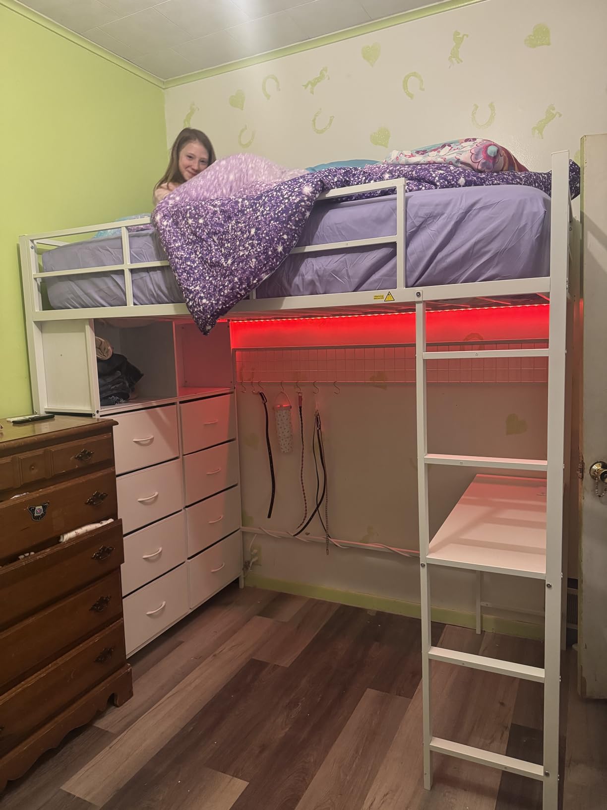 ADORNEVE Loft Bed Full Size with Desk and 8 Storage Drawers, LED Metal Loft Bed with Power Outlet, 2 Shelves & Clothing Rack, Bed with Safety Guardrail & Ladder,Space-Saving, Grey customer photo 2