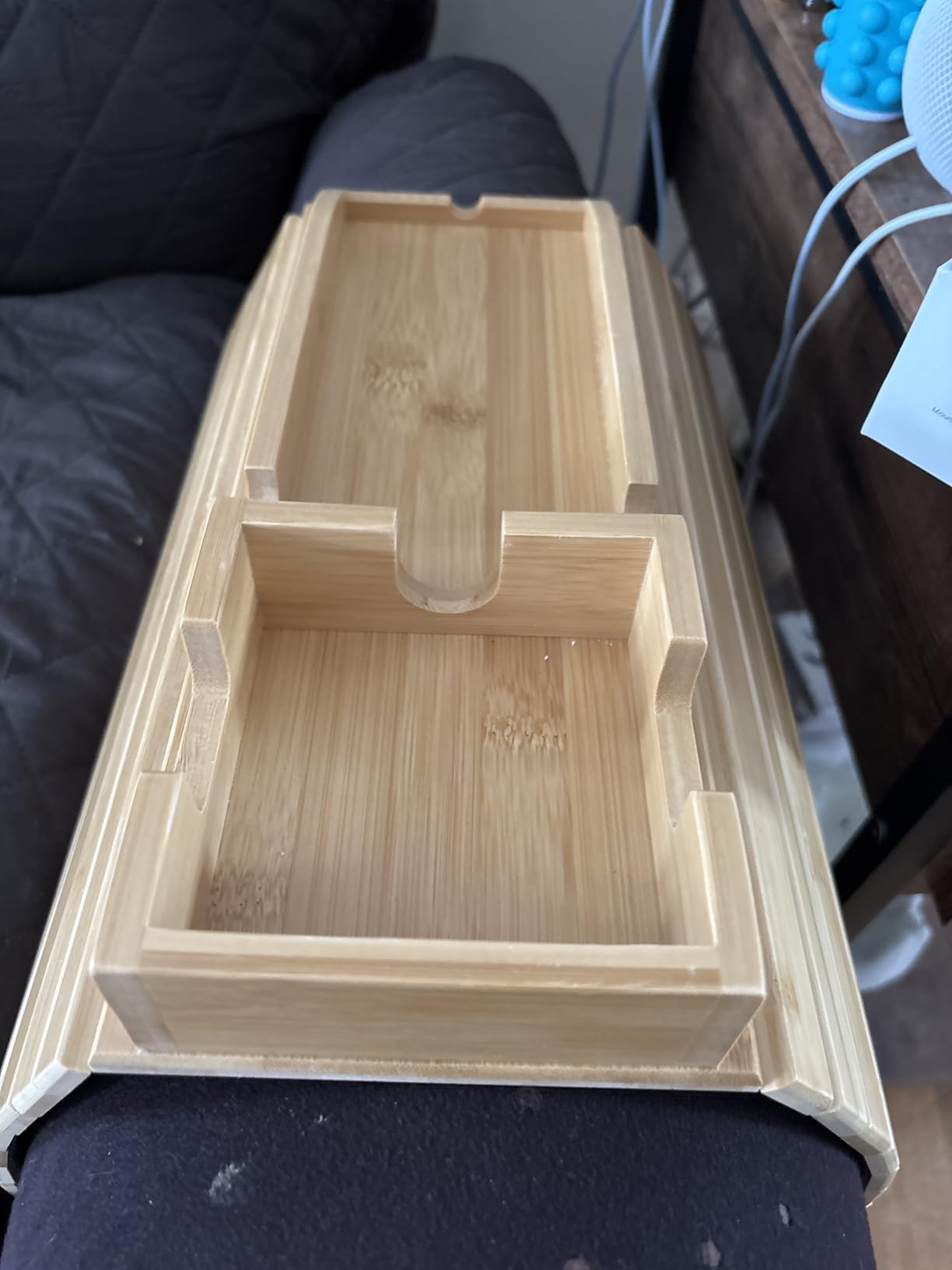 Bamboo Couch Armrest Table, Couch Arm Tray with Removable Couch Cup Holder, 2 in 1 Design Foldable Anti-Slip Bamboo Couch Tray and Sofa Cup Holder for Drink customer photo 1