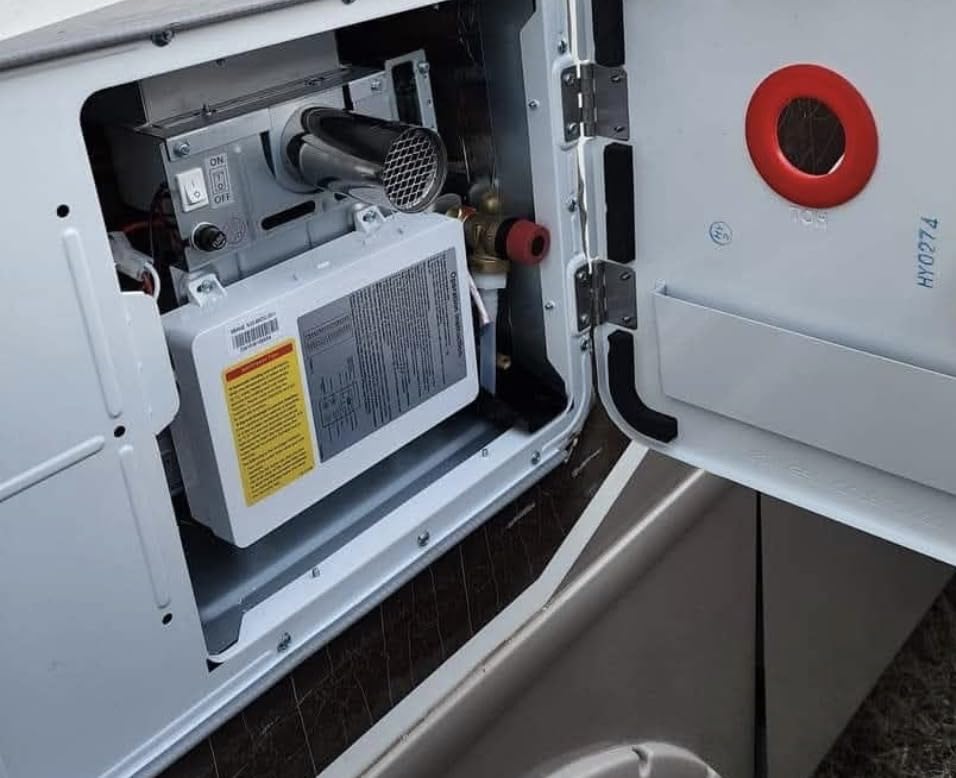 65,000 BTU RV Tankless Water Heater, 3.9 GPM Propane RV Hot Water Heater with 15x15in White Door and Remote, High Altitude Available, DC 12V customer photo 1