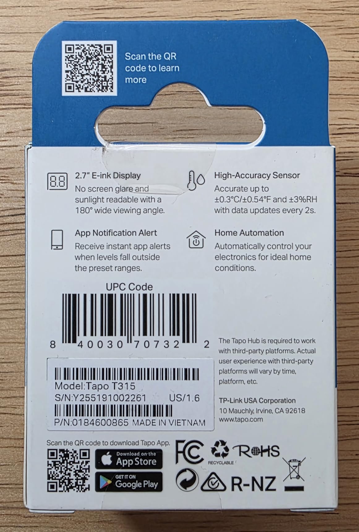 TP-Link Tapo Smart Temperature and Humidity Monitor, 2.7