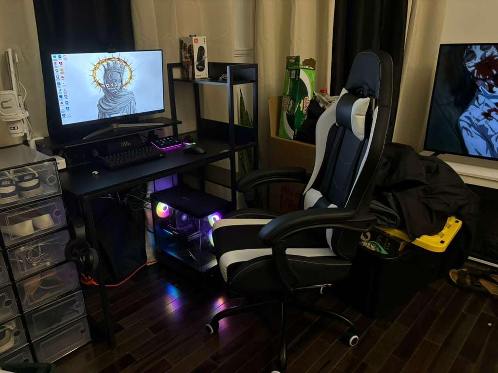 ODK Reversible Gaming Desk LED Lights, 40 Inch Computer Desk with Storage Shelves & Monitor Stand - Carbon Fiber Black customer photo 2