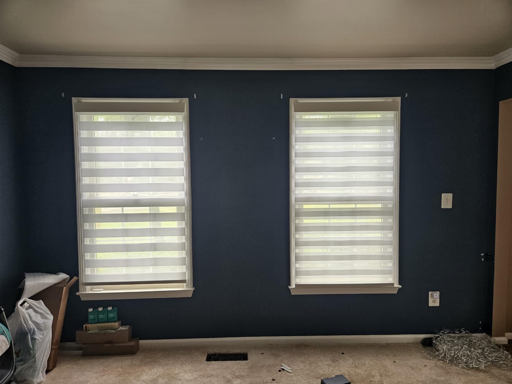 DENFOON Motorized Zebra Blinds, Solar Powered Dual Layer Automatic Shades with Remote Control, Rechargeable Smart Blinds Horizontal Wireless Electric Shades for Windows. White, 26 x 72 customer photo 2