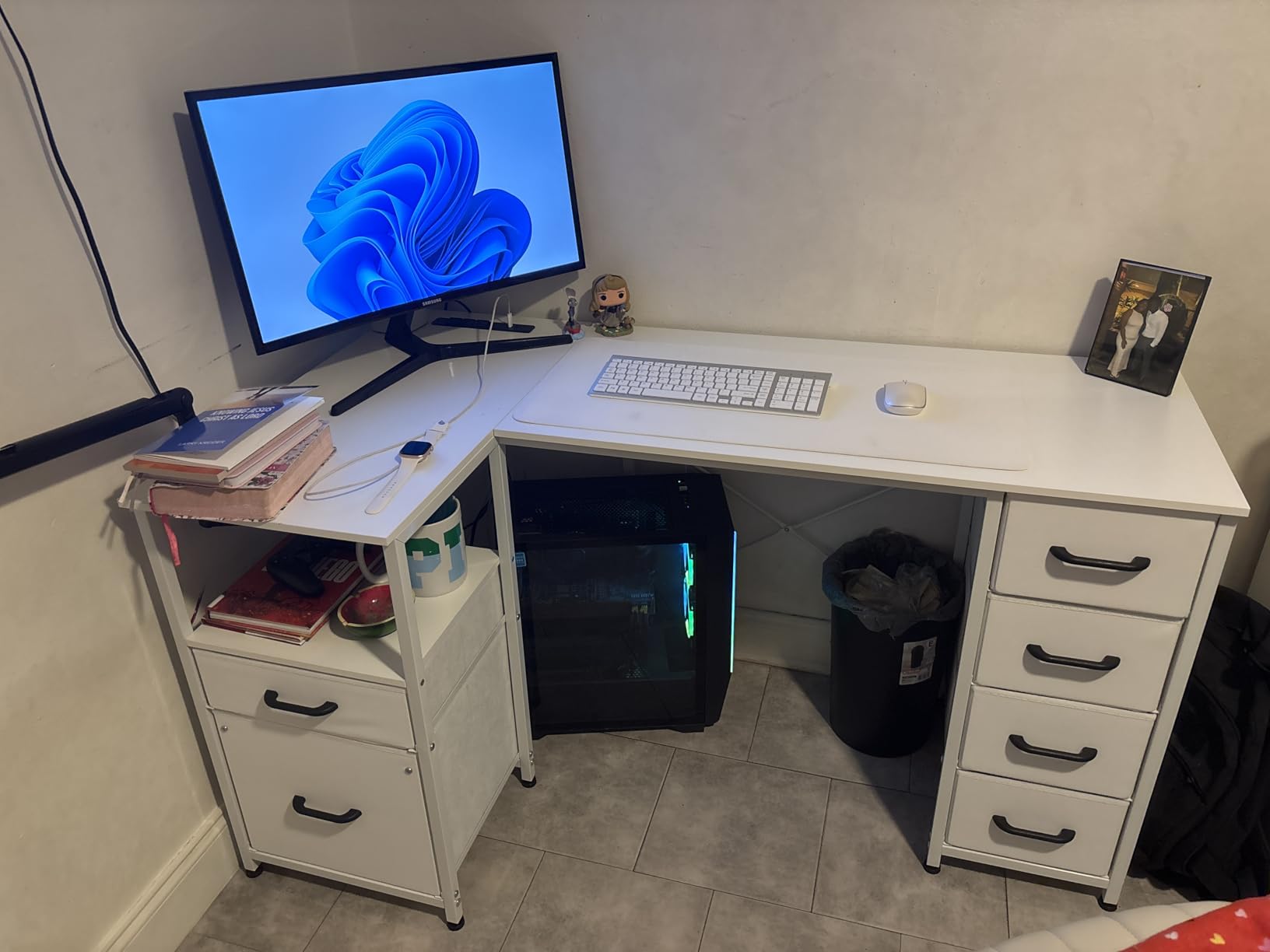 Coleshome L Shaped Computer Desk with 6 Drawers & Power Outlet, 55 Inch Corner Desk with Reversible Storage Shelf & File Drawer, Home Office Desk, White customer photo 1