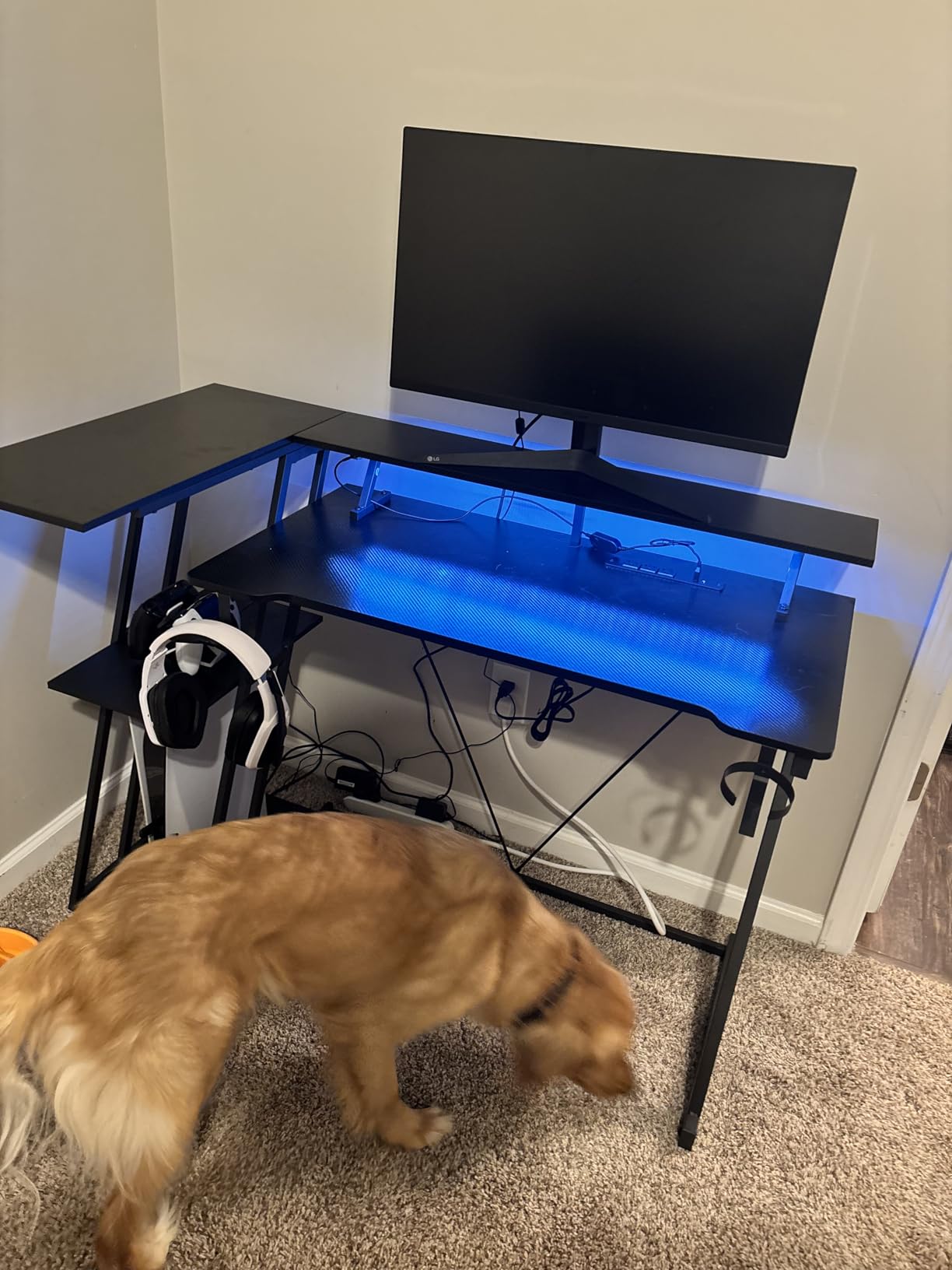 40 Inch Gaming Desk with Power Outlet & LED Lights, L Shaped Computer Gaming Table with 3 Tiers Storage Shelves, Corner Gamer Desk with Monitor Stand for Small Space customer photo 2