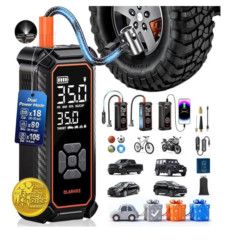 OlarHike Tire Inflator Portable Air Compressor, Lightning-Fast Inflation, Dual Power - 6000mAh & 12V DC, Cordless Air Pump for Car Tires, Bikes, Motorcycle, Balls with LED & Digital Pressure Gauge customer photo 1