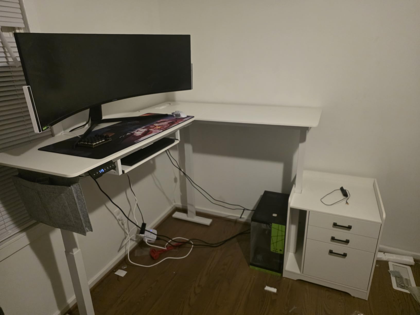 SEDETA L Shaped Electric Standing Desk with File Cabinet, 63 x 53'' Height Adjustable Home Office Computer Desk with Drawers, Power Outlet, Stand up Gaming Table with Led Lights, Keyboard Tray, Black customer photo 1