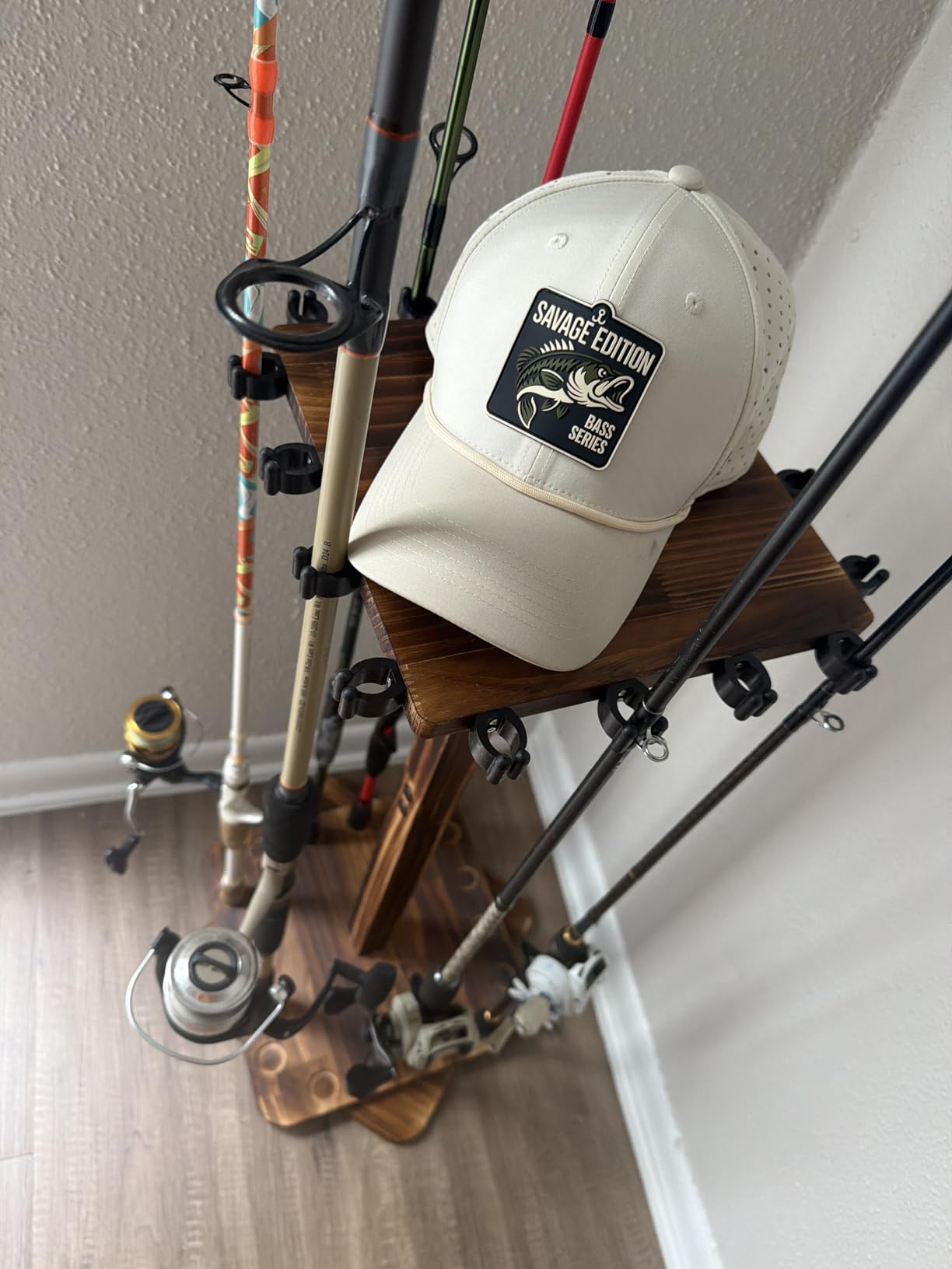 Ghosthorn Fishing Rod Holders for Garage 360 Degree Rotating Fishing Pole Rack, Floor Stand Holds up to 16 Rods Wood Fishing Gear Equipment Storage Organizer, Fishing Gifts for Men Women customer photo 2