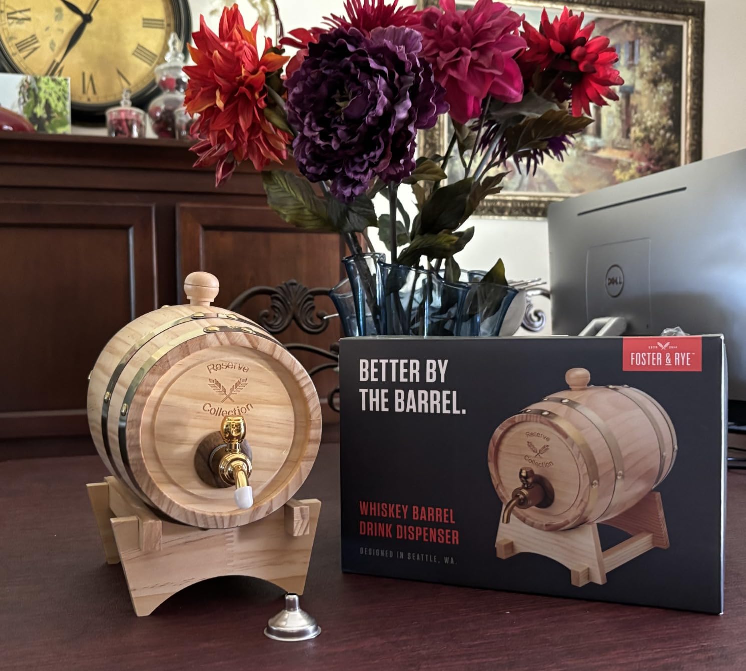 Foster & Rye Wooden Barrel for Whiskey, Whiskey Infusion Bourbon Barrel Moonshine Jug with Spigot, Liquor Dispenser Beverage Barrel - Holds 750mL customer photo 1