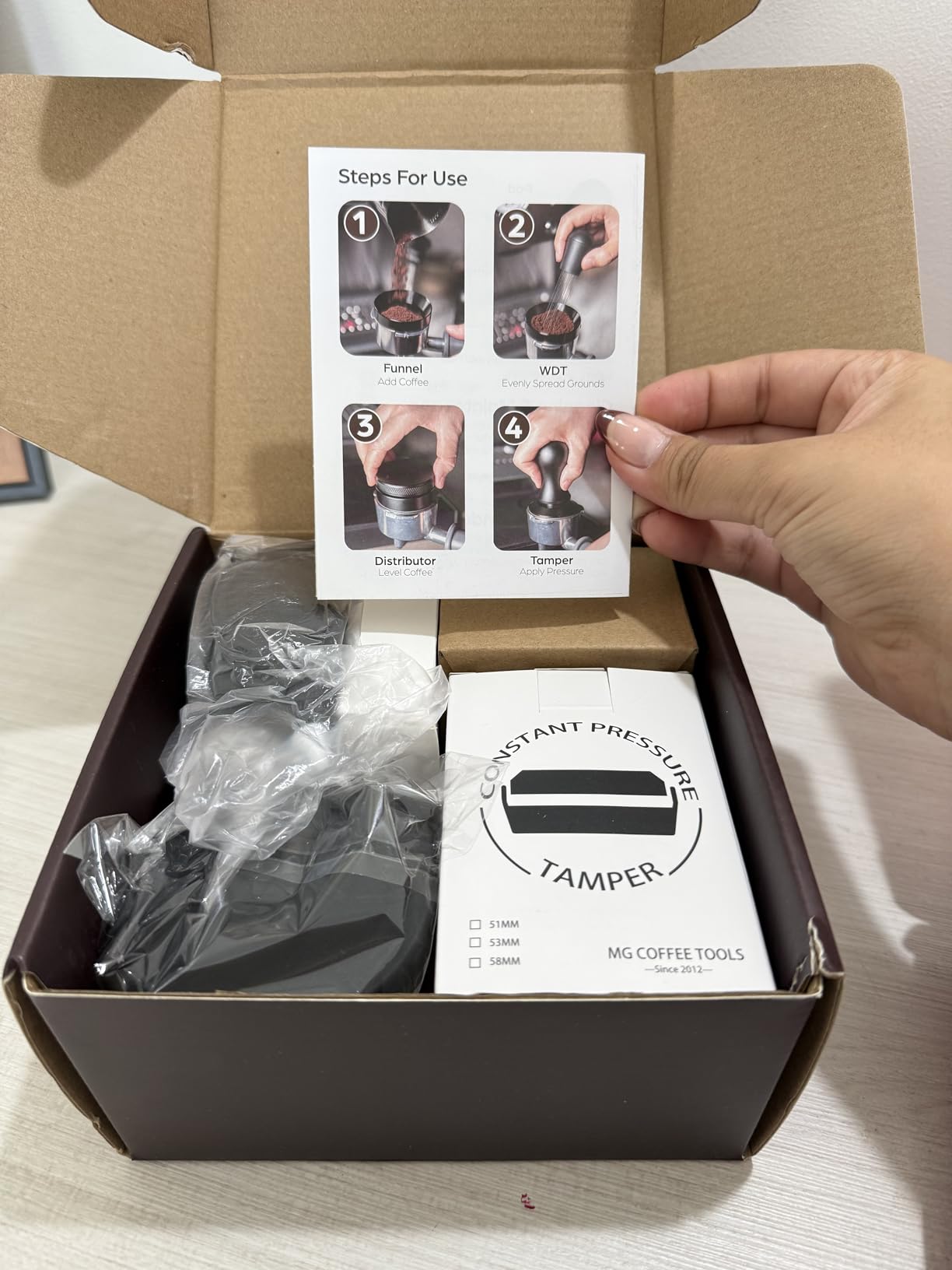 7 PCS Espresso Accessories Kit: 53.3mm Espresso Tamper, Coffee Distributor, Puck Screen, Dosing Funnel and WDT Tool customer photo 1