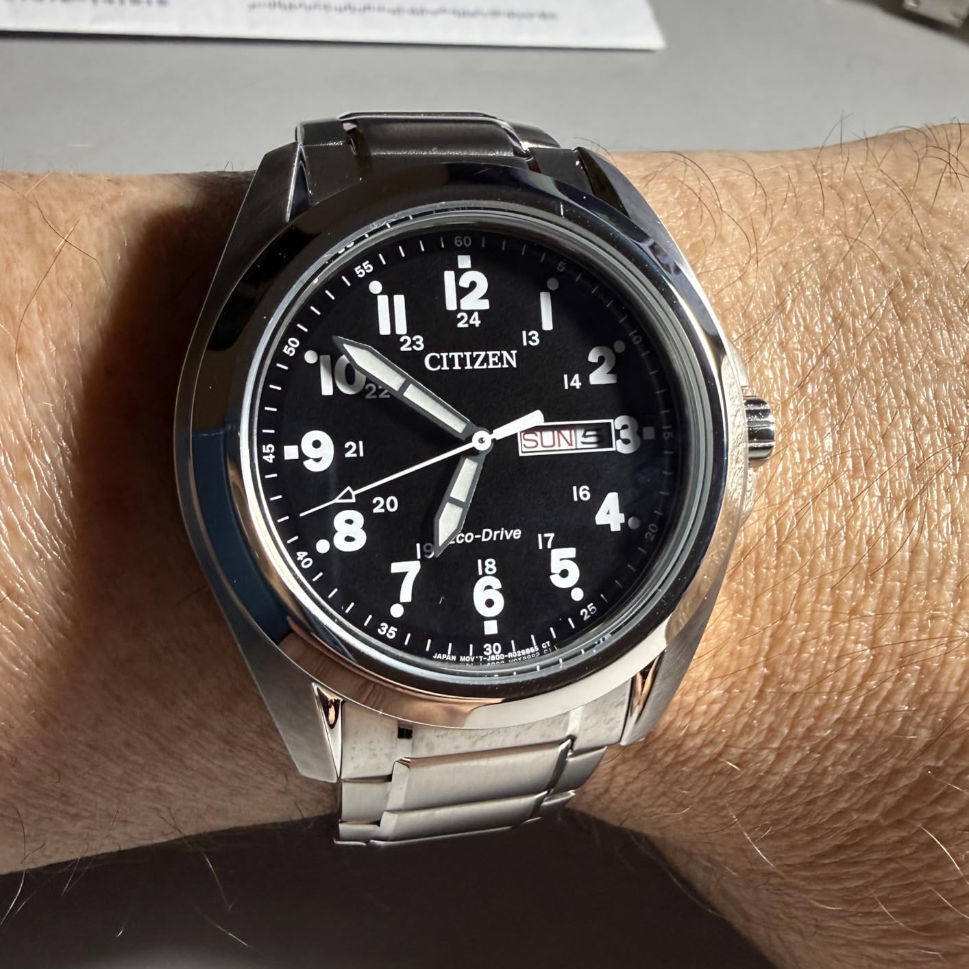 Citizen Men's Eco-Drive Weekender Garrison Field Watch, Stainless Steel, Black Dial, Arabic Markers, Luminous, 43mm (AW0050-82E) customer photo 1