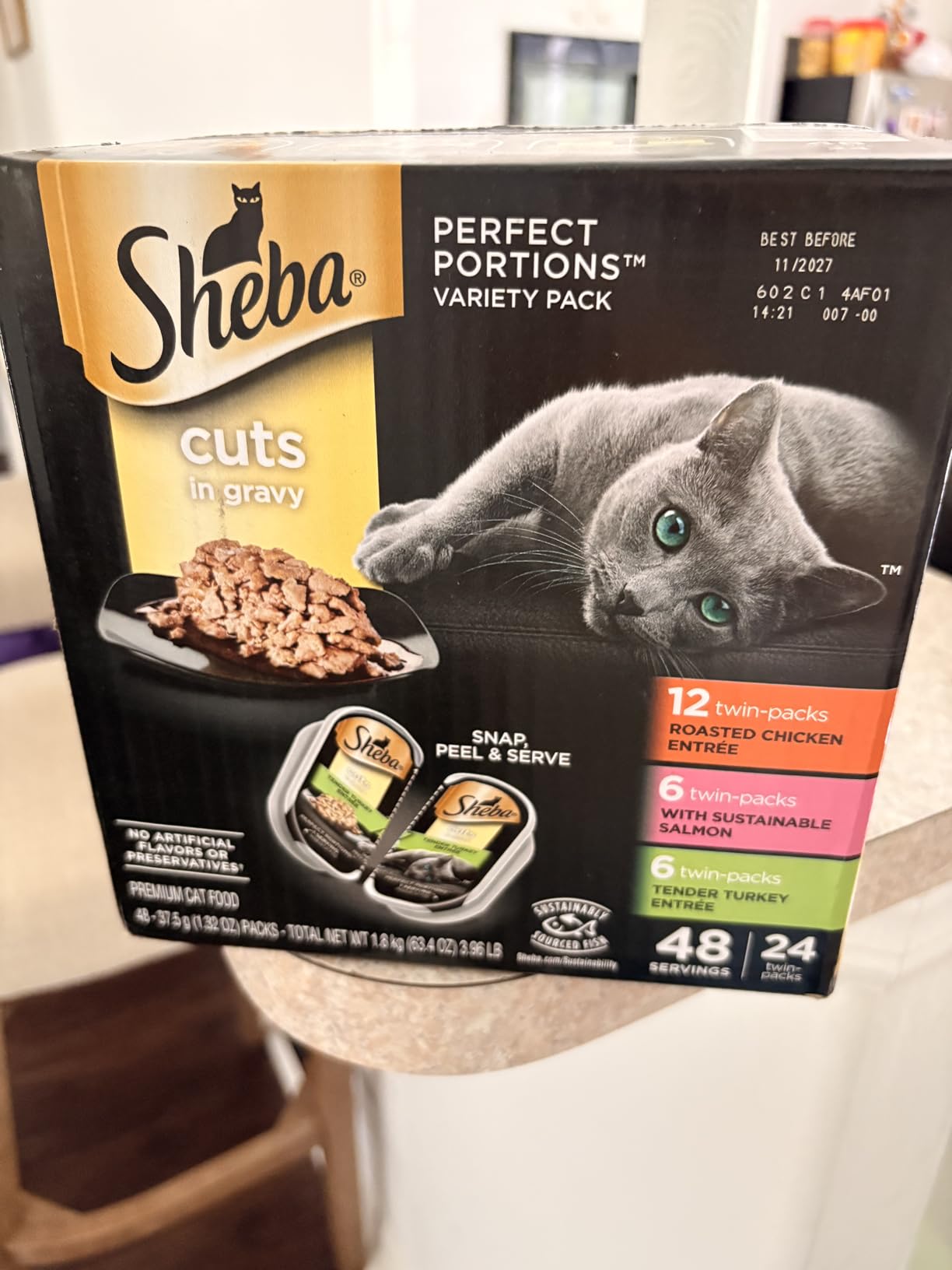 Sheba Perfect Portions Wet Cat Food Cuts in Gravy, Roasted Chicken Entree, Sustainable Salmon, Tender Turkey Entree, 2.6 oz. Twin-Pack Trays (24 Count, 48 Servings) customer photo 1