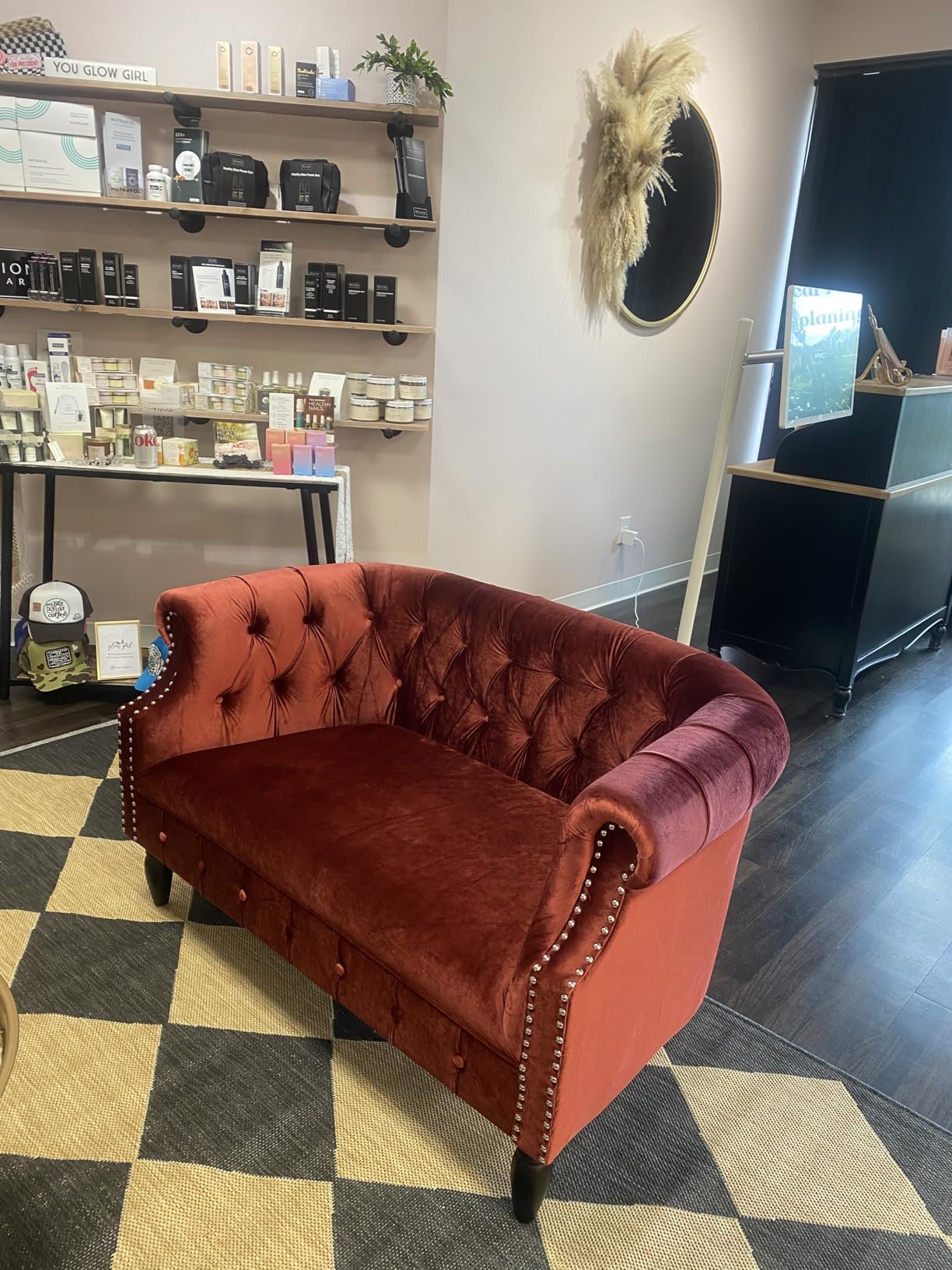 GDFStudio Melaina Tufted Chesterfield Velvet Loveseat with Scrolled Arms, Garnet and Dark Brown customer photo 1