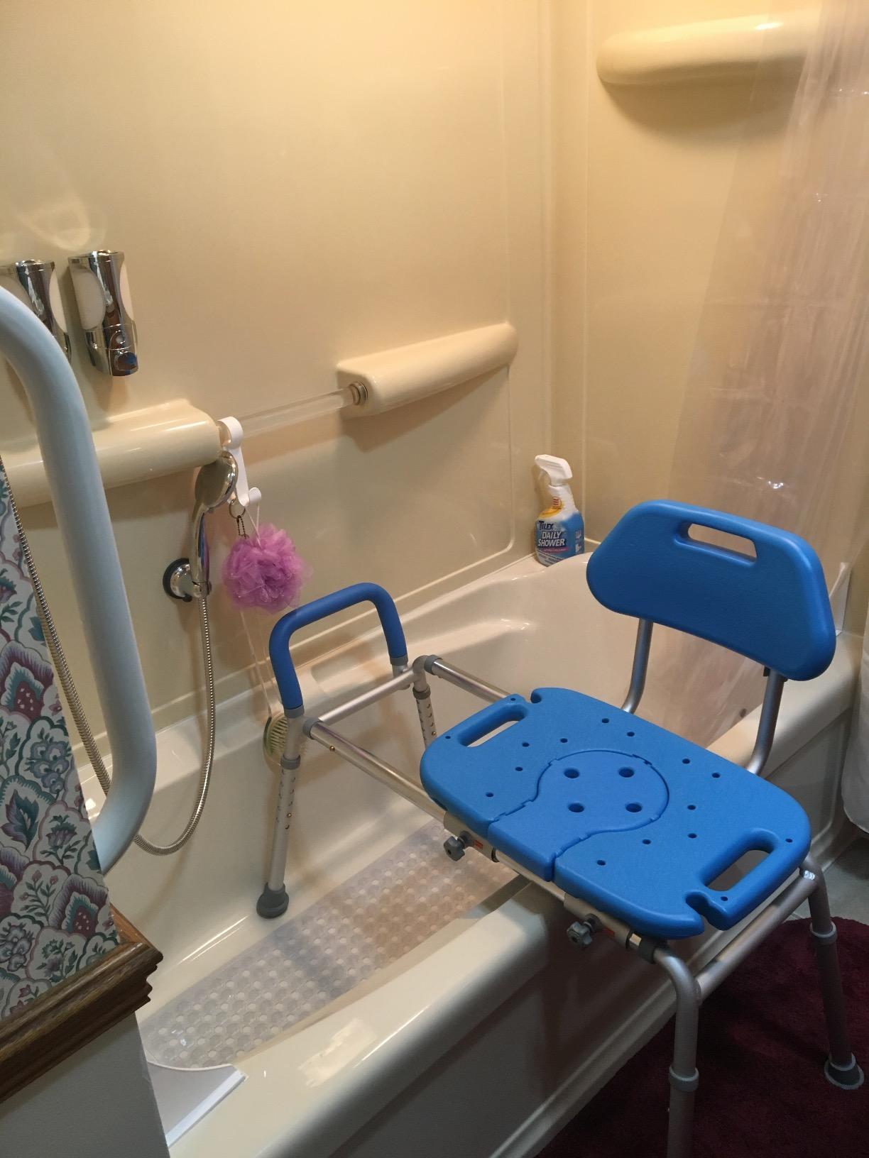 Platinum Health Sliding Shower Chair HydroGlyde Premium Heavy Duty, Padded Bathtub Transfer Bench with Cut Out Seat, Safety Belt, Gray customer photo 1