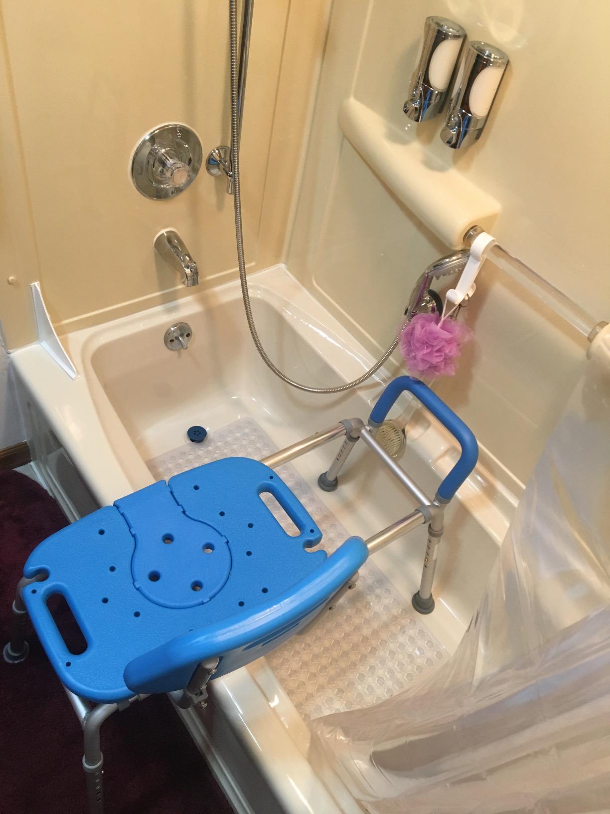 Platinum Health Sliding Shower Chair HydroGlyde Premium Heavy Duty, Padded Bathtub Transfer Bench with Cut Out Seat, Safety Belt, Gray customer photo 2
