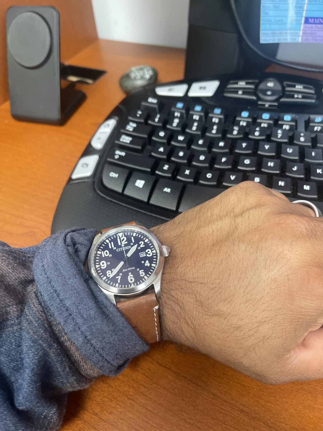 Citizen Men's Sport Casual Garrison 3-Hand Date Eco-Drive Leather Strap Field Watch customer photo 2
