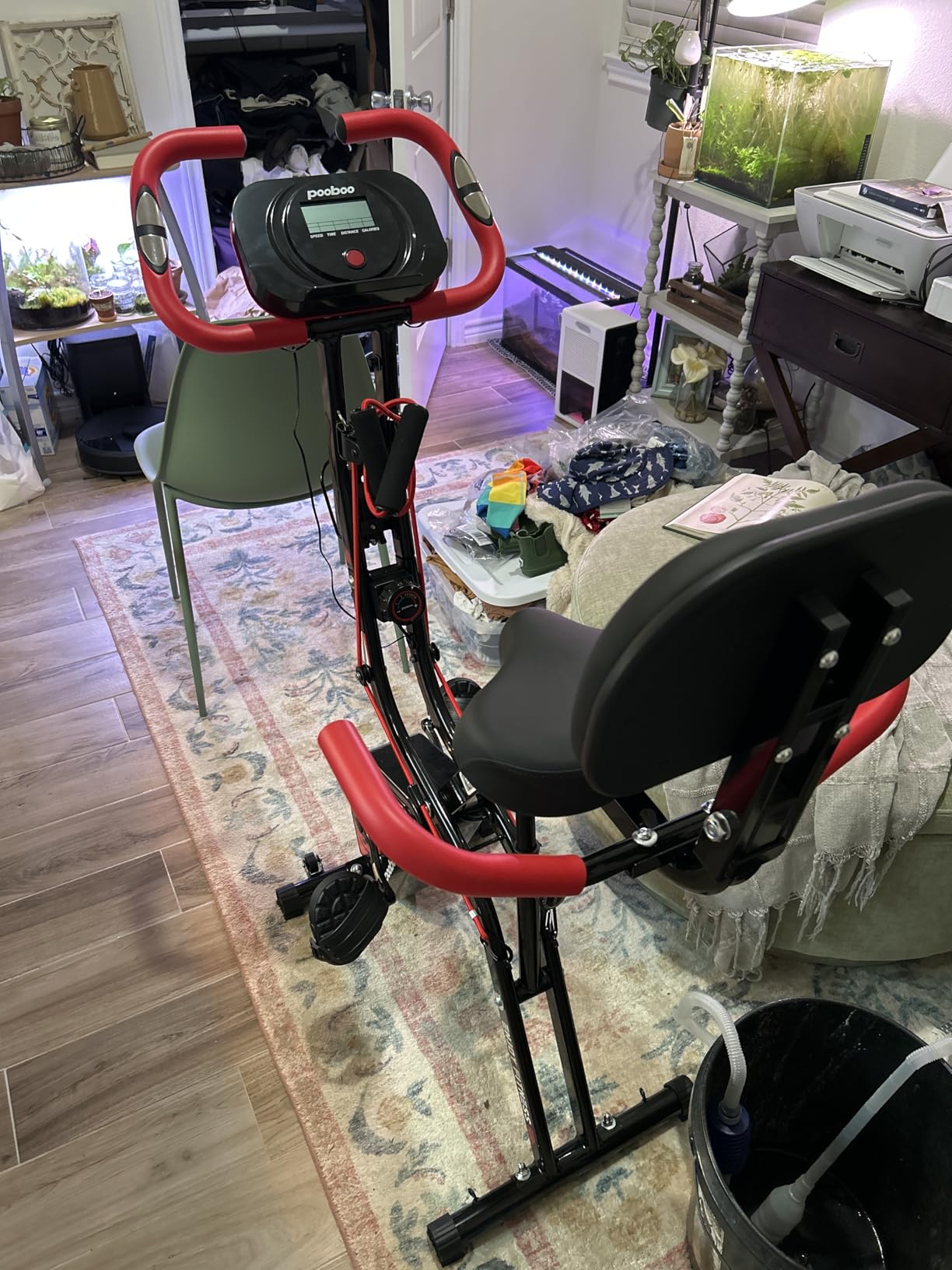 poobuo Folding Exercise Bike, Foldable Upright Stationary Bike, Indoor Cycling Magnetic X-Bike with 8-Level Adjustable Resistance, 300LB Capacity customer photo 1