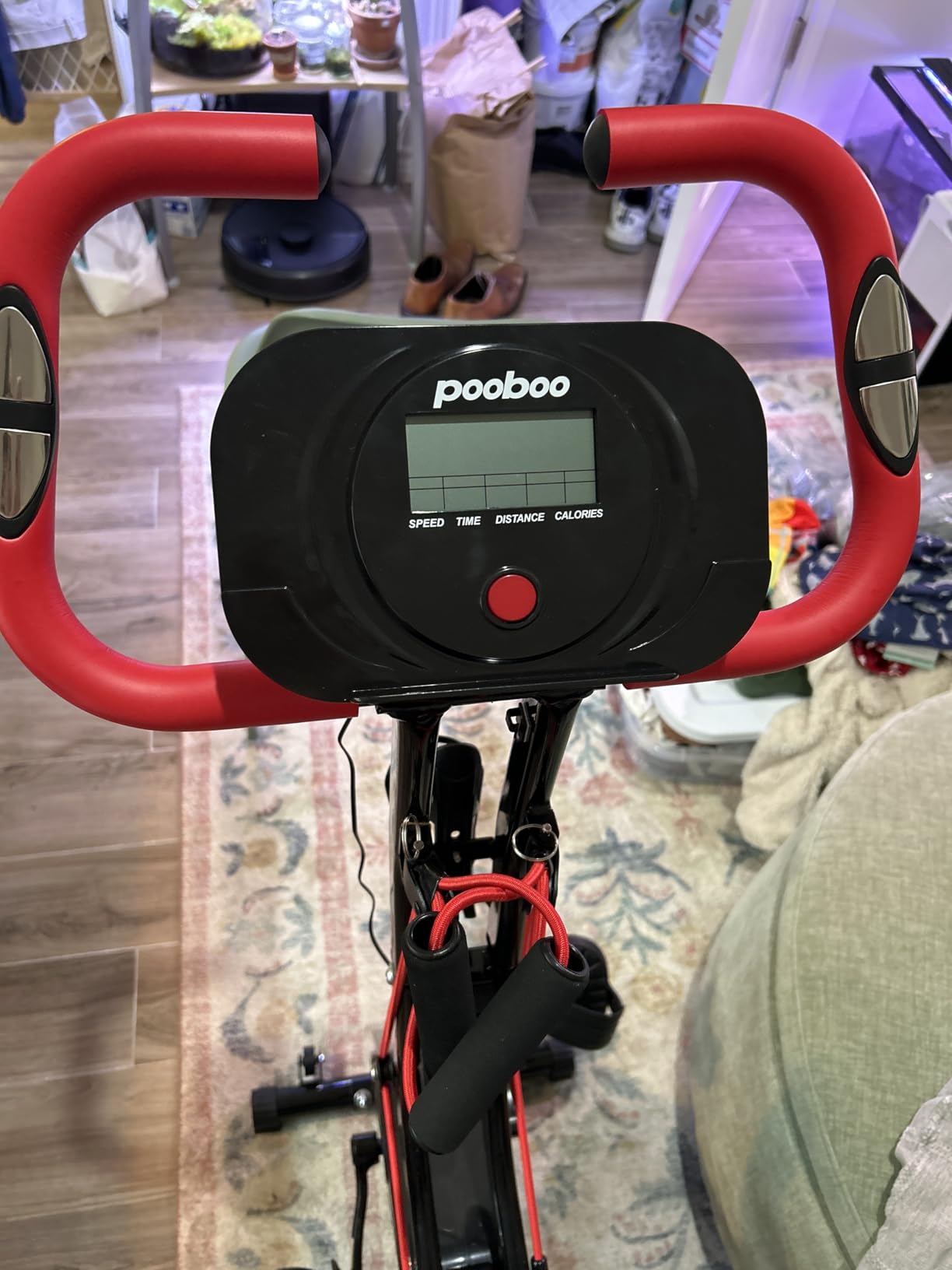poobuo Folding Exercise Bike, Foldable Upright Stationary Bike, Indoor Cycling Magnetic X-Bike with 8-Level Adjustable Resistance, 300LB Capacity customer photo 2
