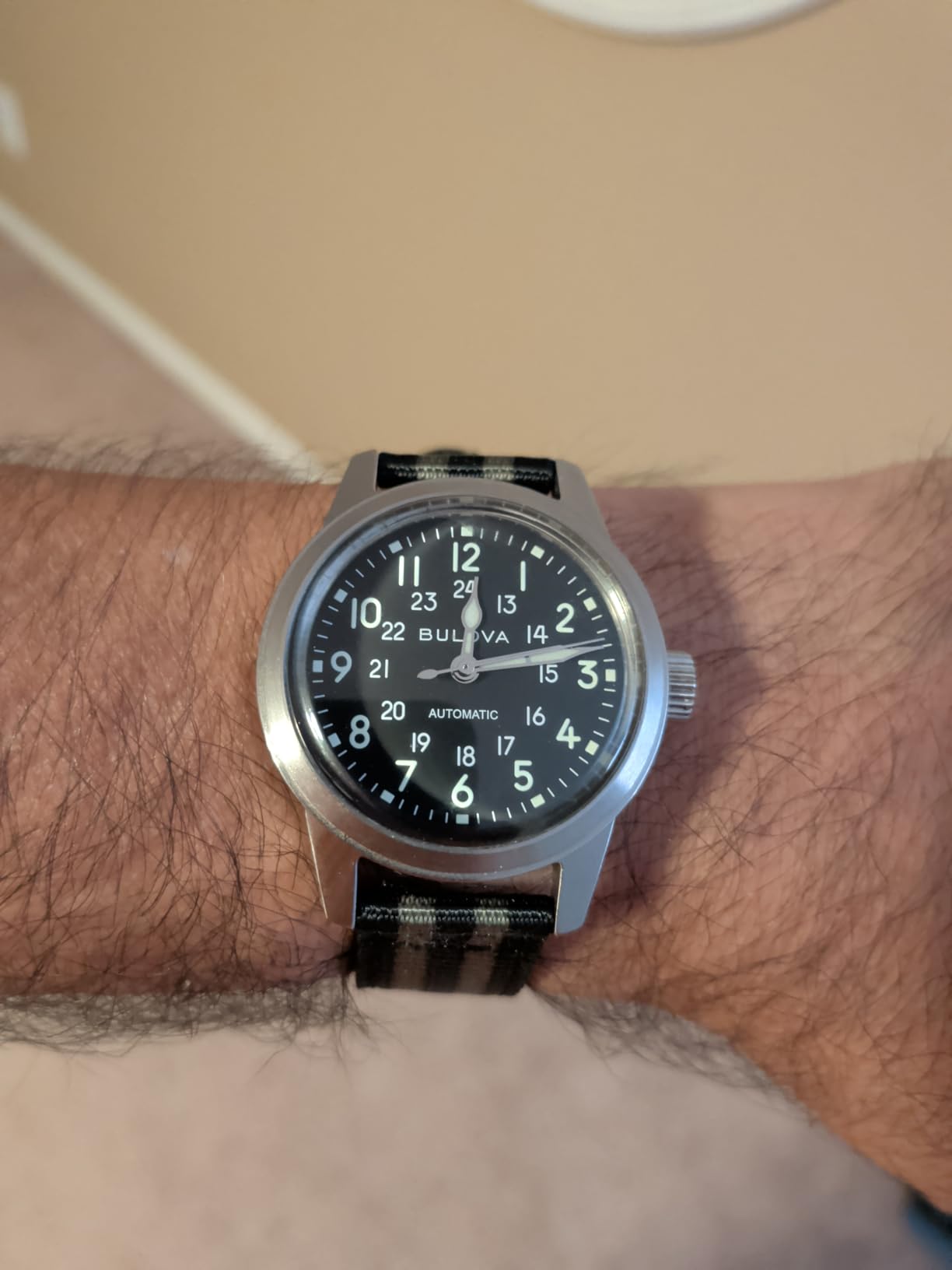Bulova Men's Military Heritage Hack Veteran's Watchmaking Initiative Watch, Stainless Steel, 3-Hand Automatic, Green NATO Strap (96A259) customer photo 1