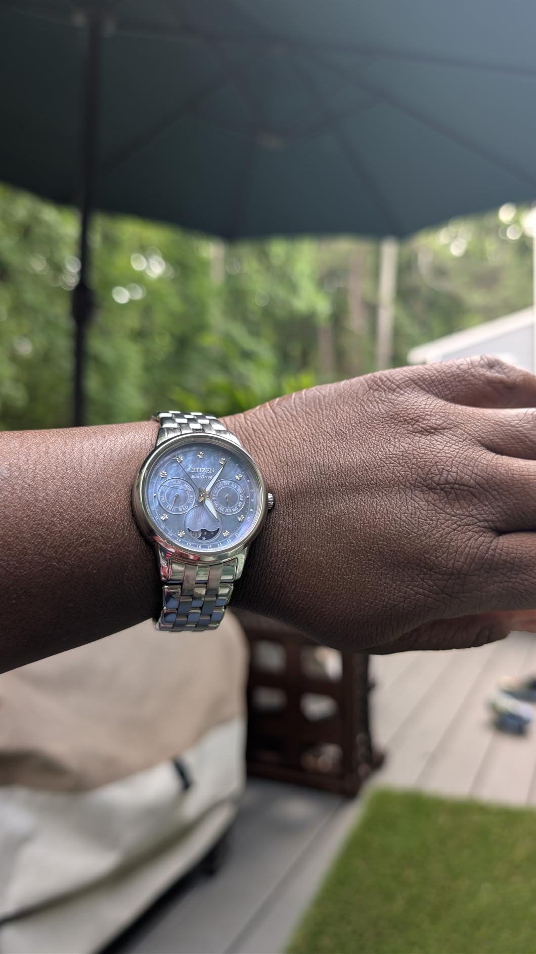 Women's Eco-Drive Calendrier, Moon Phase Diamond Accents Dial, Stainless Case and Bracelet Watch, Month/Day/Date customer photo 2