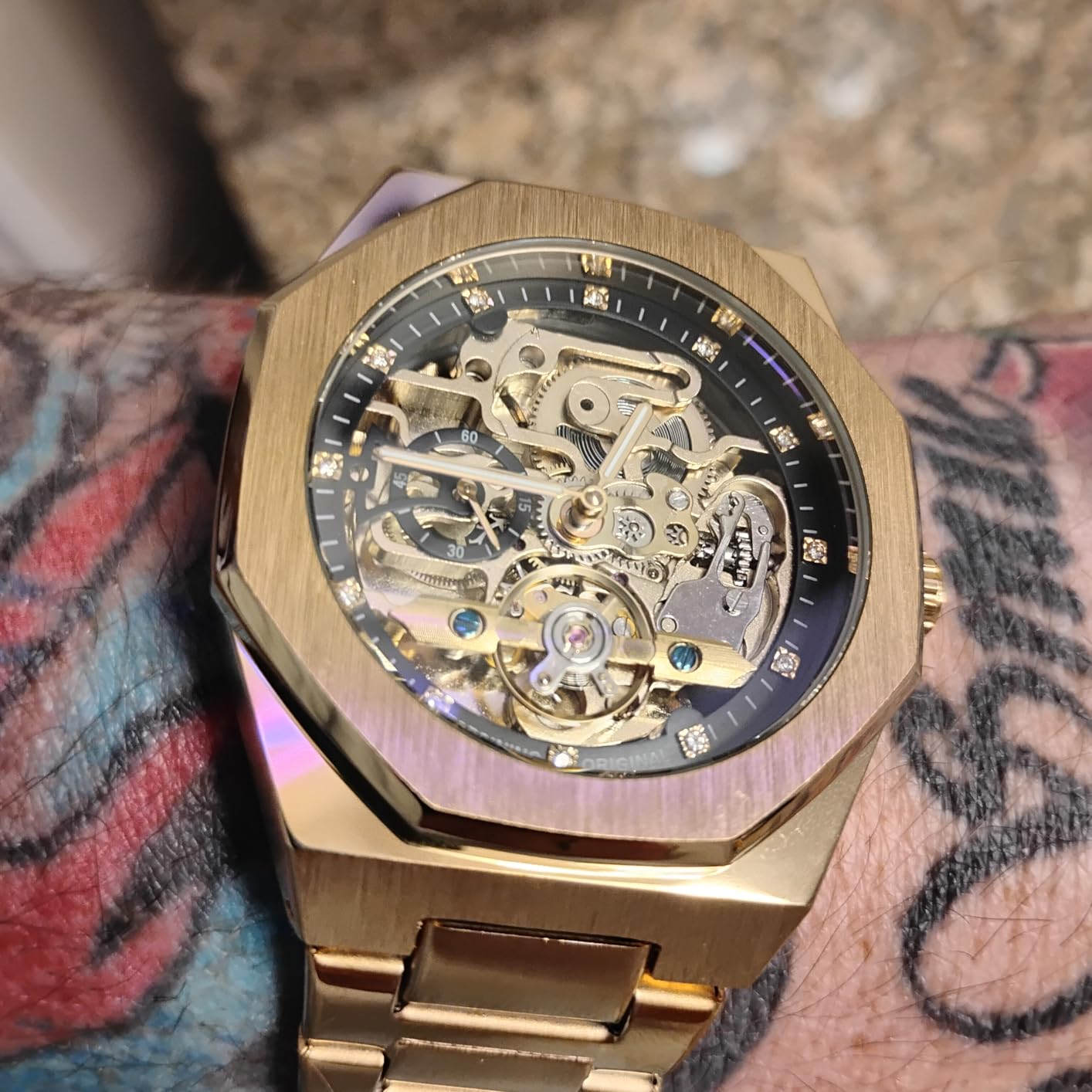 Vintage Watch for Men Engraved Automatic Self-Wind Mechanical Big Dial Luminous Moon Phase Golden Hollow Tattoo Pattern Wrist Watches customer photo 2
