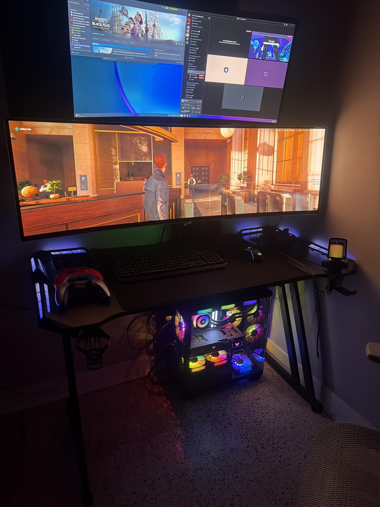 HLDIRECT 47 Inch Gaming Desk with LED Lights, Large RGB Computer Gaming Desk Table with Cup Holder Headphone Hook Mouse Pad, Carbon Fiber Black customer photo 1