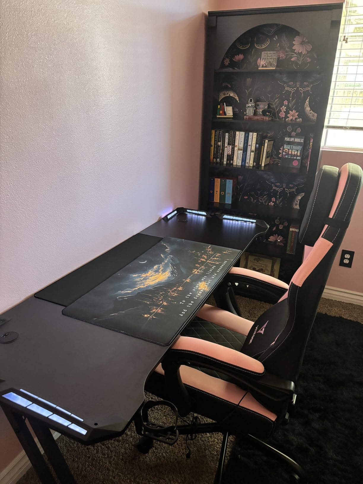 HLDIRECT 47 Inch Gaming Desk with LED Lights, Large RGB Computer Gaming Desk Table with Cup Holder Headphone Hook Mouse Pad, Carbon Fiber Black customer photo 2