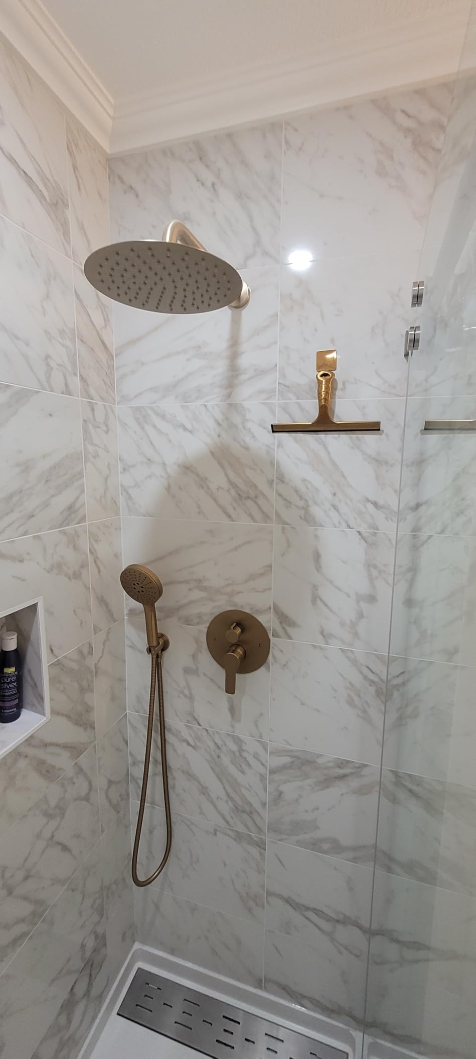 Iriber Shower System Wall Mounted Shower Faucet Mixer Set with Luxury High Pressure Shower head and 3-Setting Handheld, Bathroom Shower Trim Kit Contain Pressure Balance Valve, Brushed Gold customer photo 2