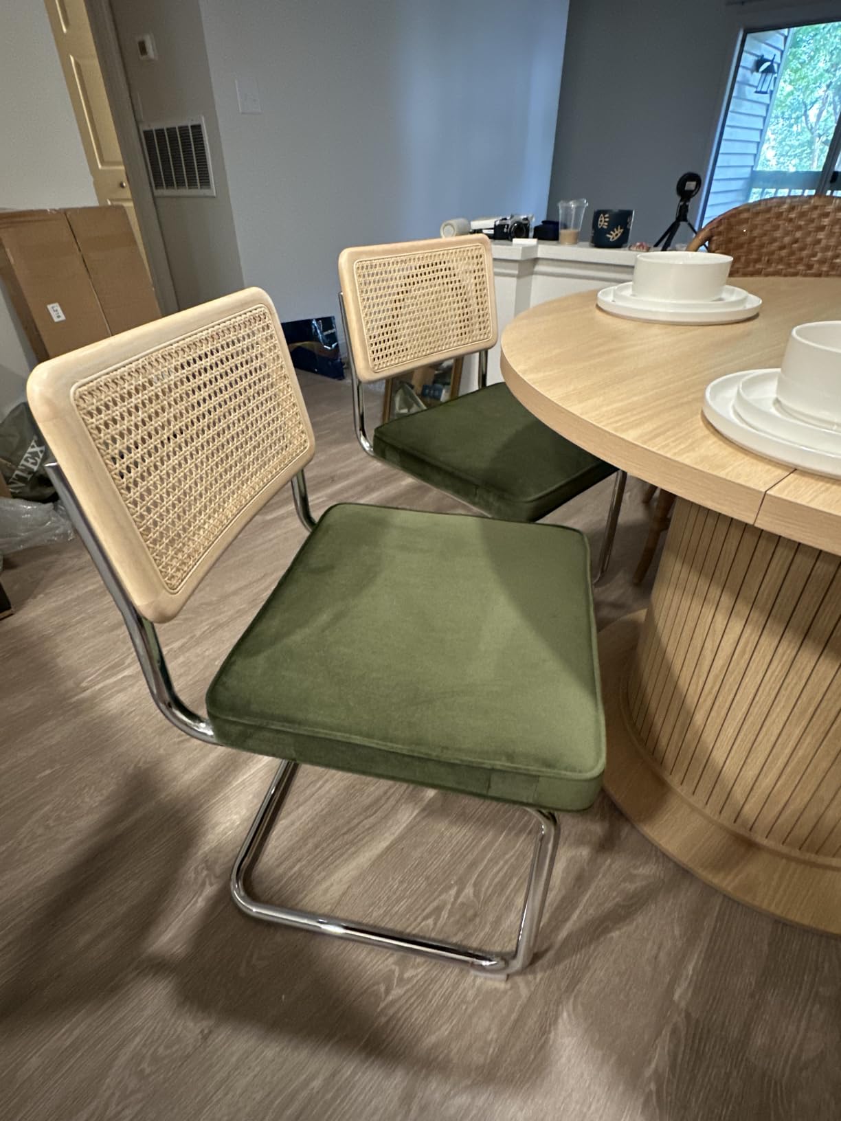 Zesthouse Natural Rattan Dining Chairs Set of 2, Mid Century Modern Dining Room Chairs with Chrome Leg, Faux Leather Kitchen Chair with Solid Wood Back & Cane Mesh, Brown customer photo 2