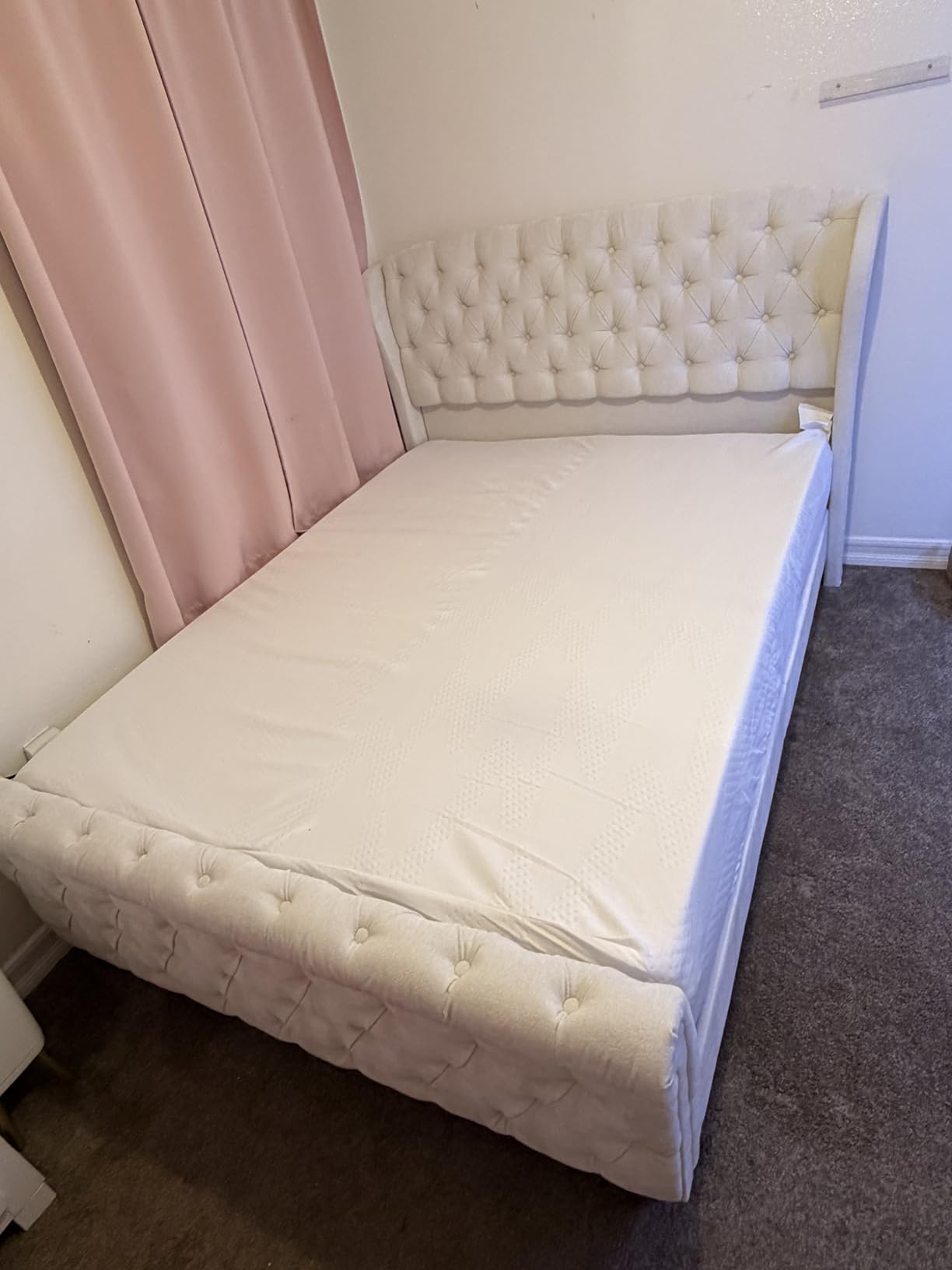 AMERLIFE Queen Size Platform Bed Frame, Chenille Upholstered Sleigh Bed with Scroll Wingback Headboard & Footboard/Button Tufted/No Box Spring Required/Cream customer photo 1