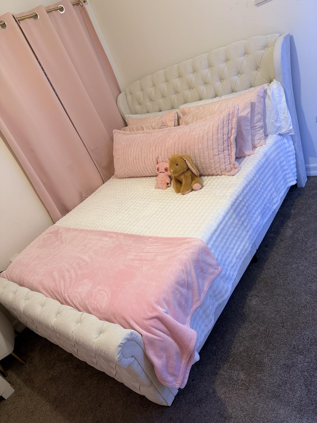 AMERLIFE Queen Size Platform Bed Frame, Chenille Upholstered Sleigh Bed with Scroll Wingback Headboard & Footboard/Button Tufted/No Box Spring Required/Cream customer photo 2