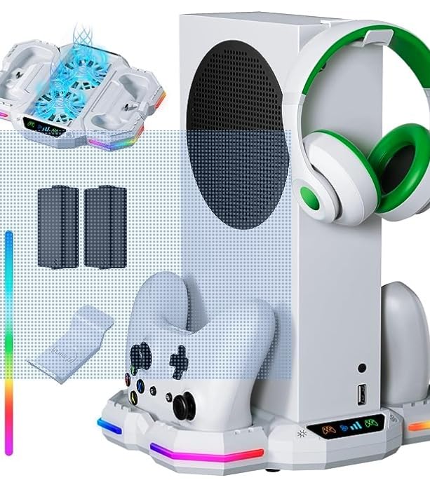 Cooling Stand & Charging Station for Xbox Series S with RGB Light Strip, Dual Controller Charger & Cooler Fan for XSS Console Accessories with 2*1400mAH Rechargeable Battery Pack, 1*Headphone Hook, White customer photo 2