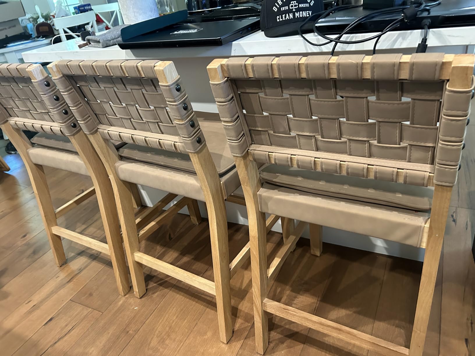 Nathan James Cohen Mid-Century Modern Leather Bar Stool, Counter Height Chair in Solid Wood Frame with Footrest and Woven Leather Back for Kitchen, Natural Brown, Set of 2 customer photo 2