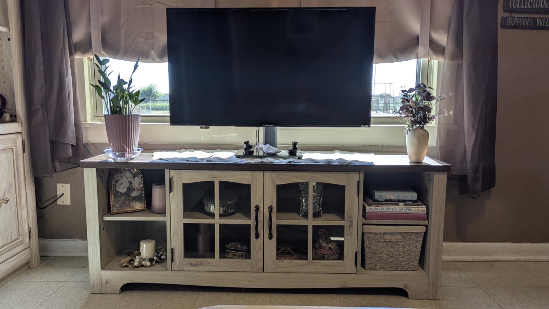 LINSY HOME Farmhouse TV Stand for 65 Inch TV, Wood Entertainment Center with Glass Door Storage Cabinet & Adjustable Shelves, Large Sturdy TV Console Table customer photo 1