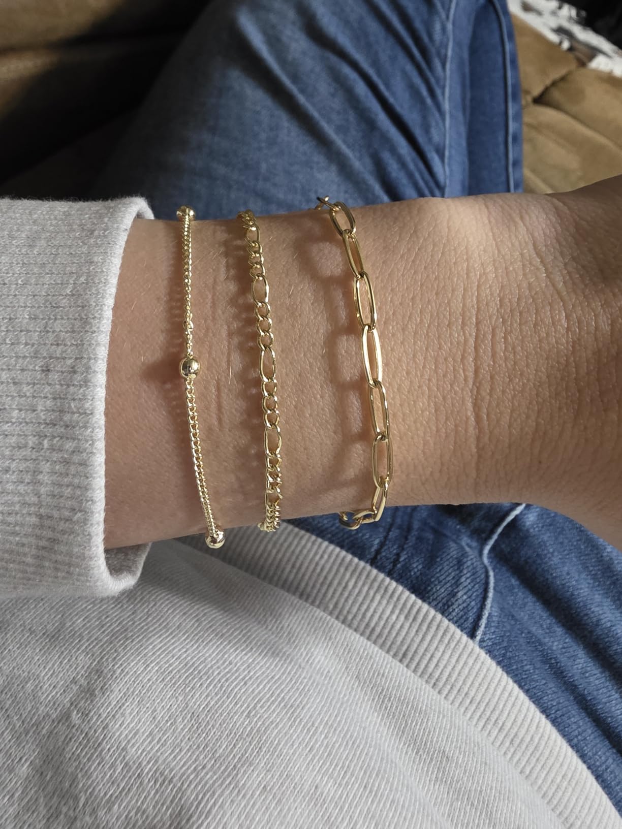 Dearmay Gold Bracelets for Women Waterproof, 14K Gold Plated Minimalist Bracelets Stack Non Tarnish Trendy Dainty Herringbone Vintage Cuban Paperclip Rope Thin Box Link Chain Stackable Jewelry Sets Modern Fashion Accessories Gifts for Womens customer photo 2