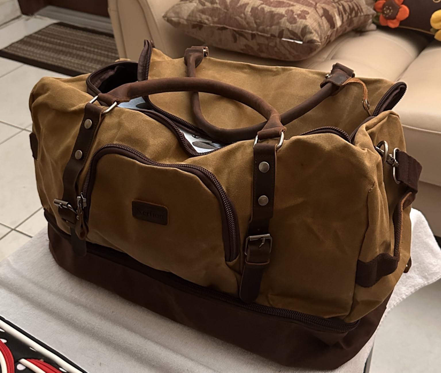 Nerlion Weekender Bag with Shoe Compartment Large Overnight Bag for Men Canvas Genuine Leather Carry on Luggage Bag Travel Duffel Bag(Brown) customer photo 1