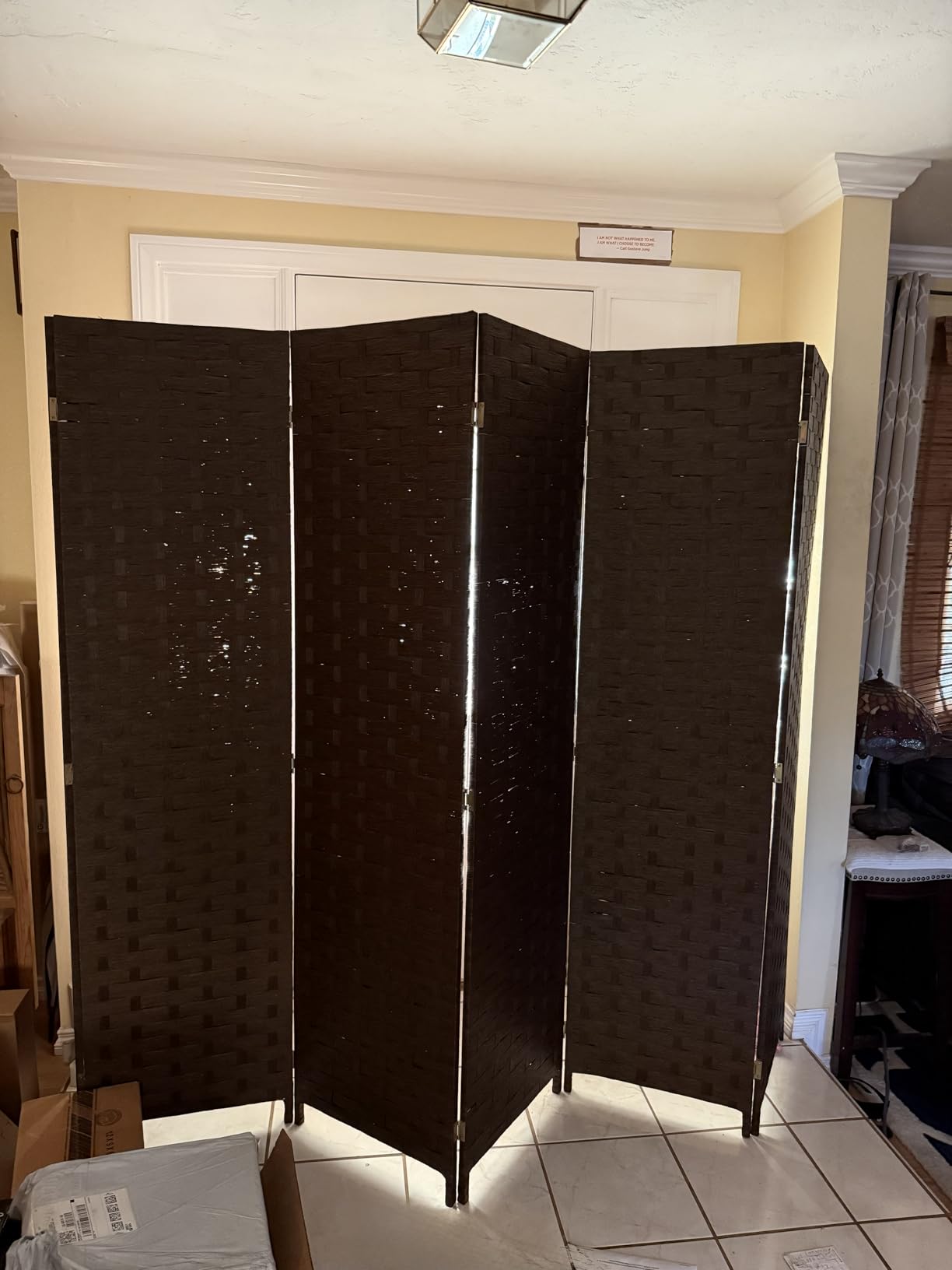 Room Divider Wood Screen Wood Mesh Woven Design Room Divider Folding Portable Partition Screen for Home Office (4 Panel, White) customer photo 1