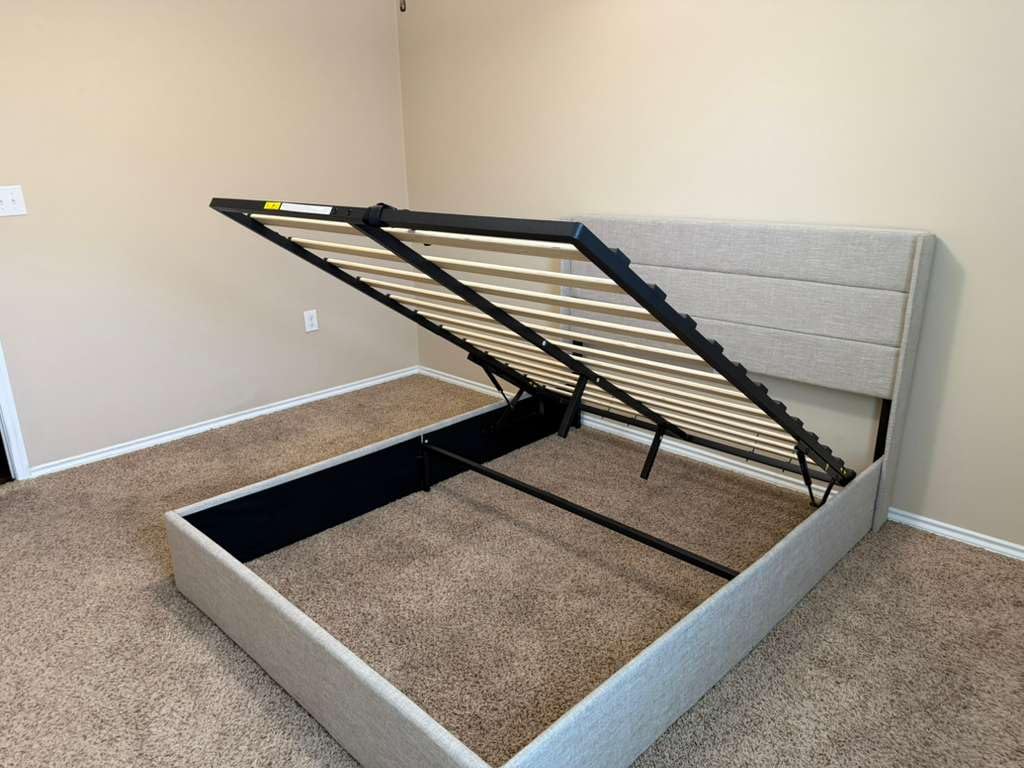 Allewie Queen Size Lift Up Storage Bed, Modern Wingback Headboard, Hydraulic Support, No Box Spring Needed, Light Beige customer photo 1