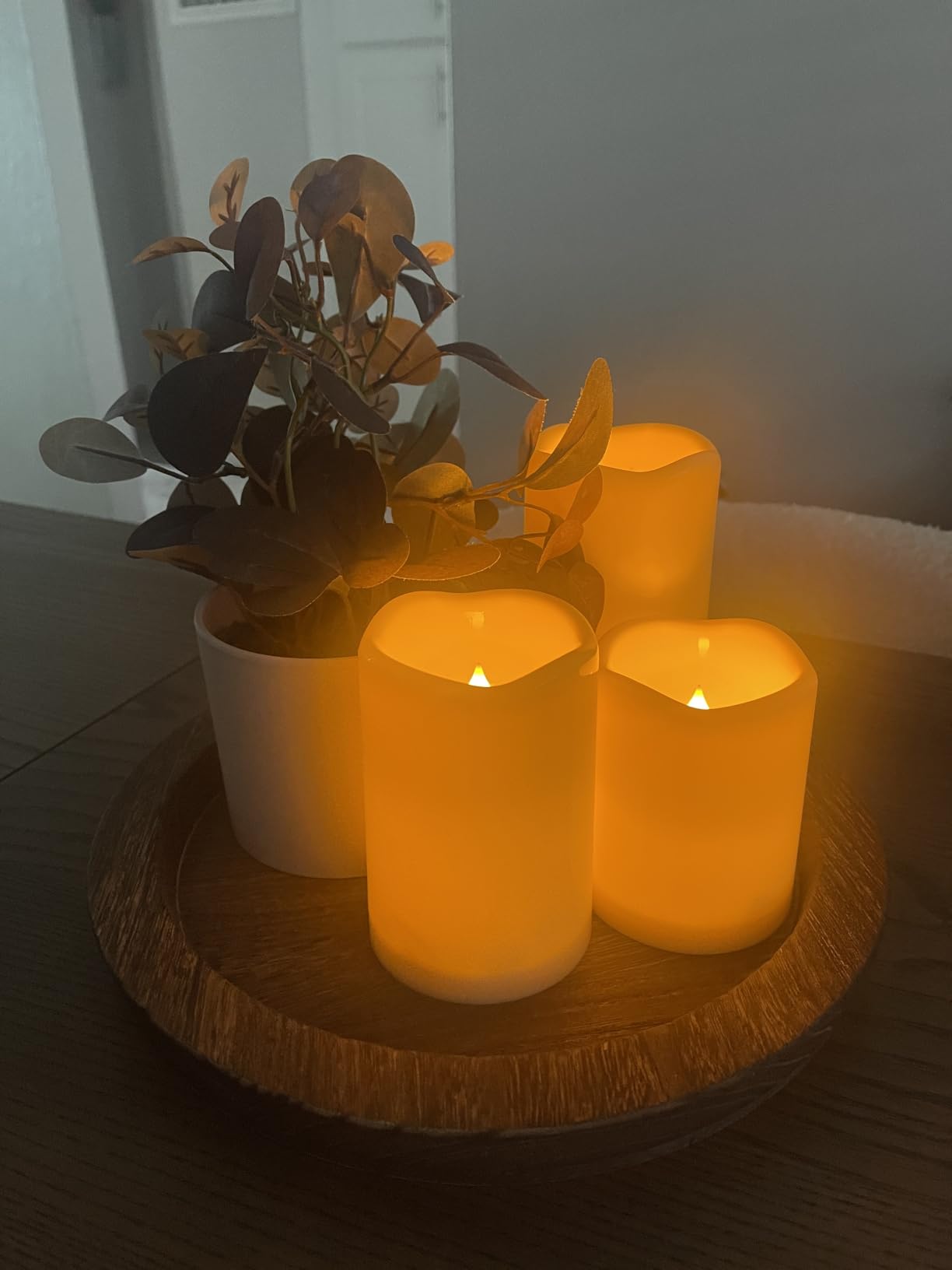 Hanobe Candle Plate Holder Tray: Round Wood Decorative Candle Plate - Rustic Farmhouse CoffeeTable Decor - Tealight Pillar Trays for Home Decor (Distressed) customer photo 1