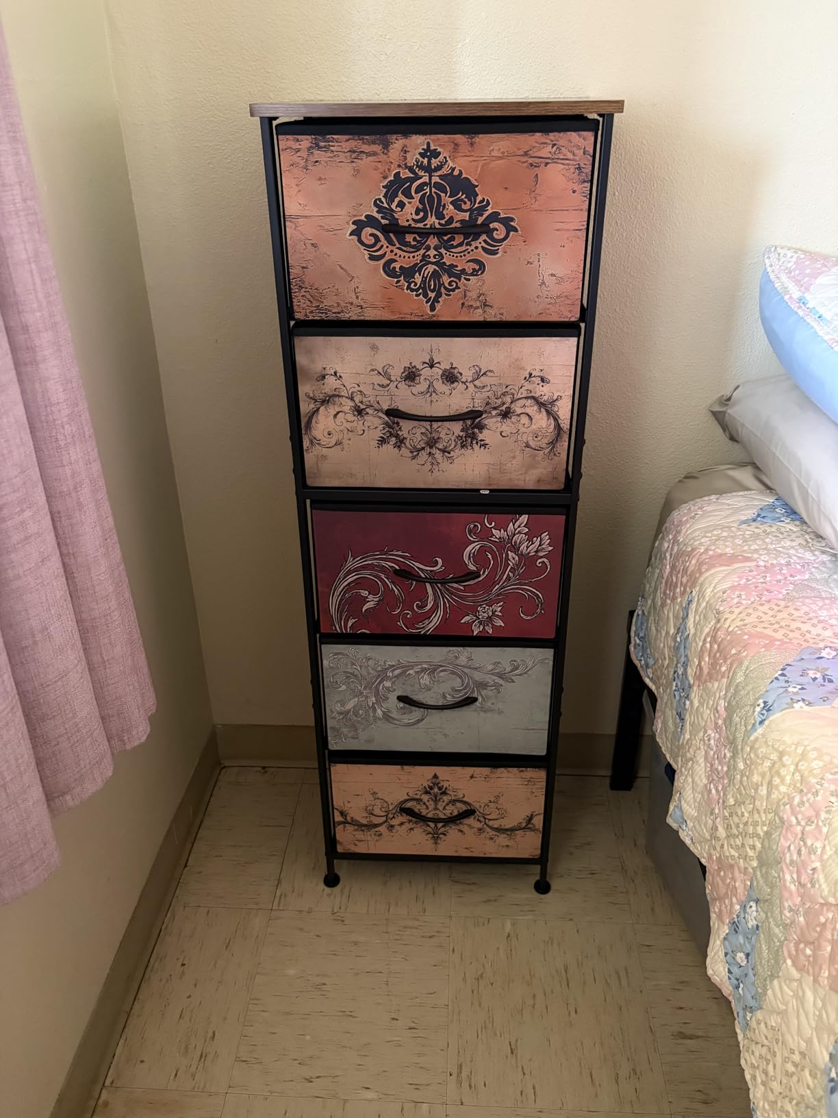WLIVE Fabric Dresser for Bedroom, 5-Drawer Tall Dressers, Storage Organizer with Fabric Bins, Wood Top, Sturdy Steel Frame, Chest of Drawers for Closet, Hallway, Rustic Brown Wood Grain Print customer photo 1